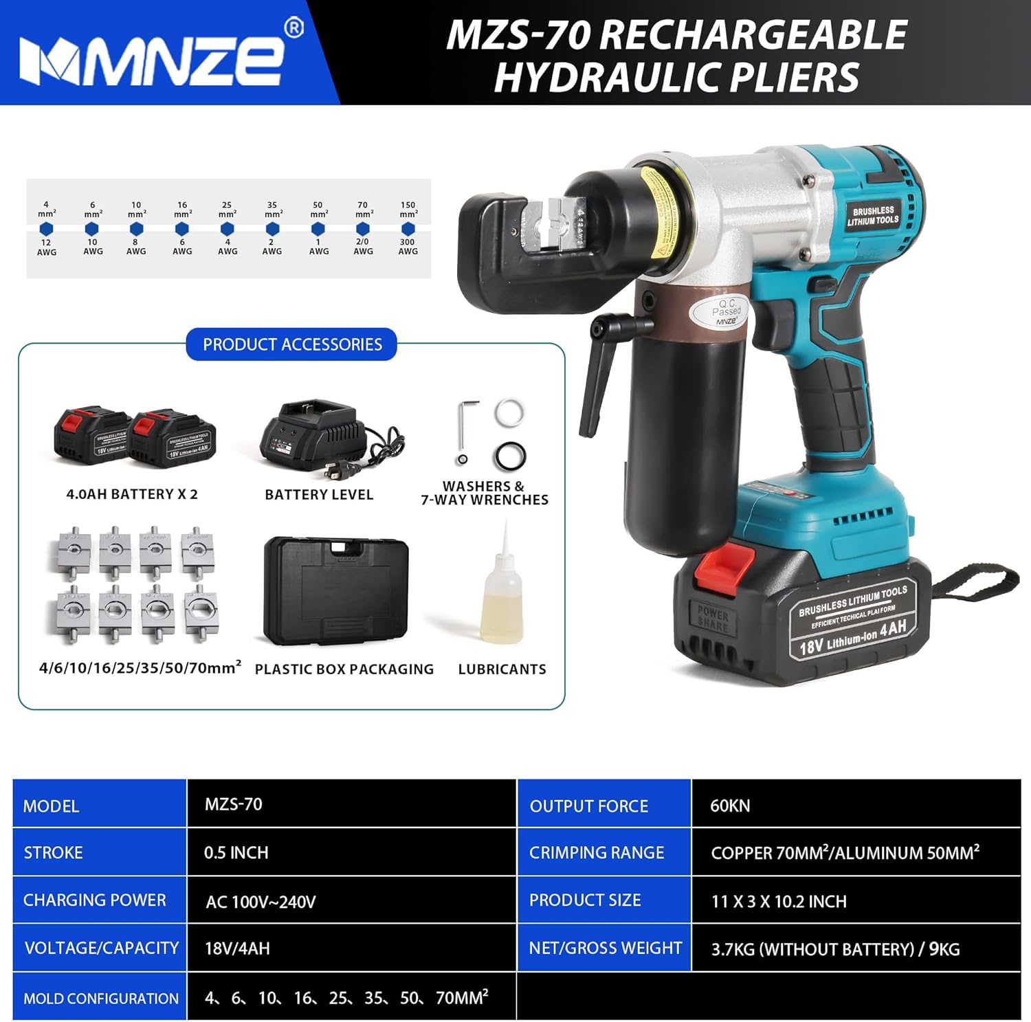 Electric Hydraulic Cable Lug Crimping Tool 6 Ton Hydraulic Electrical Wire Terminal Cable Lugs Crimper Rechargeable Crimping Tool Kits with 8 Dies, 12 AWG to 2/0 AWG