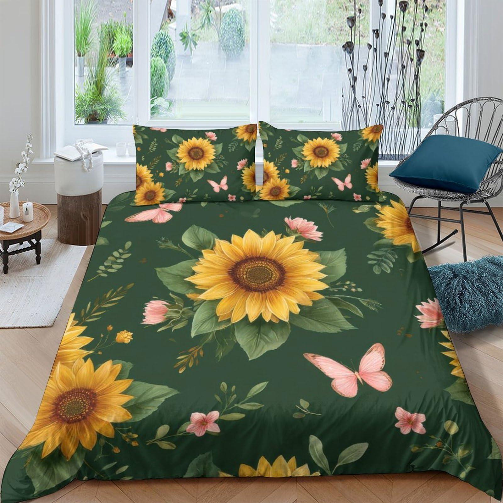Ctjqhvkz Style-7 3D Printed Sunflower Butterfly Fitted Sheet Microfiber Soft Green Floral Bed Cover For Bedroom Guest Room Decor Single（135X200cm）