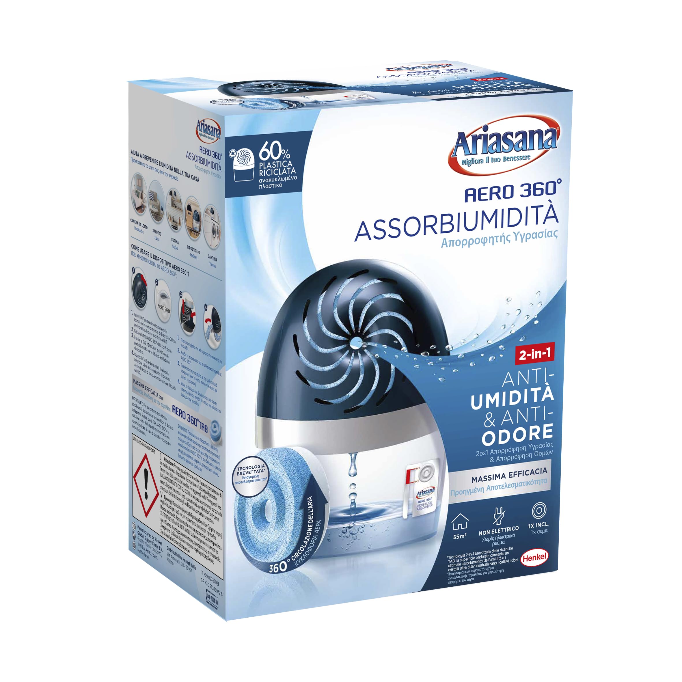 Ariasana Aero 360° kit Assorbiumidità (1 Dispositivo incl. 1 Ricarica Tab 450g), Deumidificatore non Elettrico e Riciclabile, Assorbi Umidità contro Condensa e Muffa