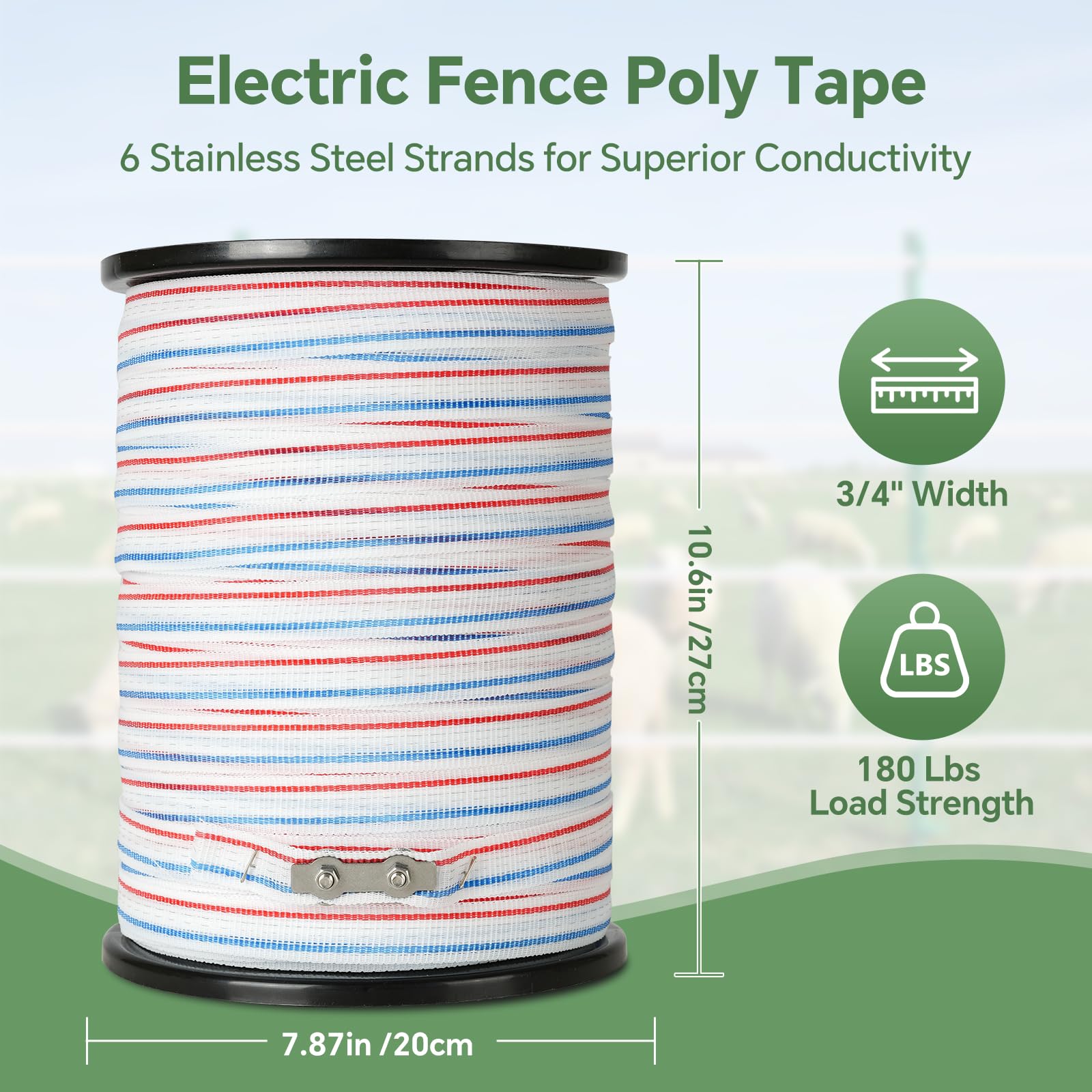 Elektrozaun-Polytape, 305 m – 1,9 cm, hohe Sichtbarkeit, Viehzaun, 6 verzinnte Kupferstränge für zuverlässige Leitfähigkeit, UV- und rostbeständig, 150 kg Stärke