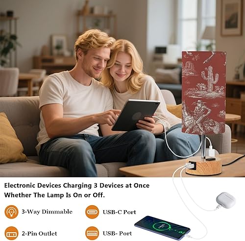 Miniatura 5 de Retro Western Red Dimmable Bedside Touch Lamps with Charging Ports for Living Room Bedroom Nightstand Office Desk, Light Bulb Included