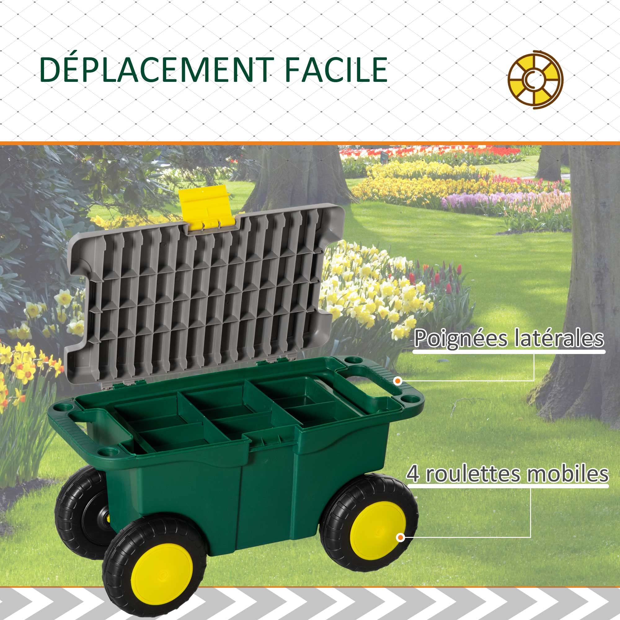 Outsunny - Taburete de jardín, caja de herramientas, 2 en 1, caja de herramientas, bandeja compartimentada, 4 ruedas, 2 asas, PP gris y verde