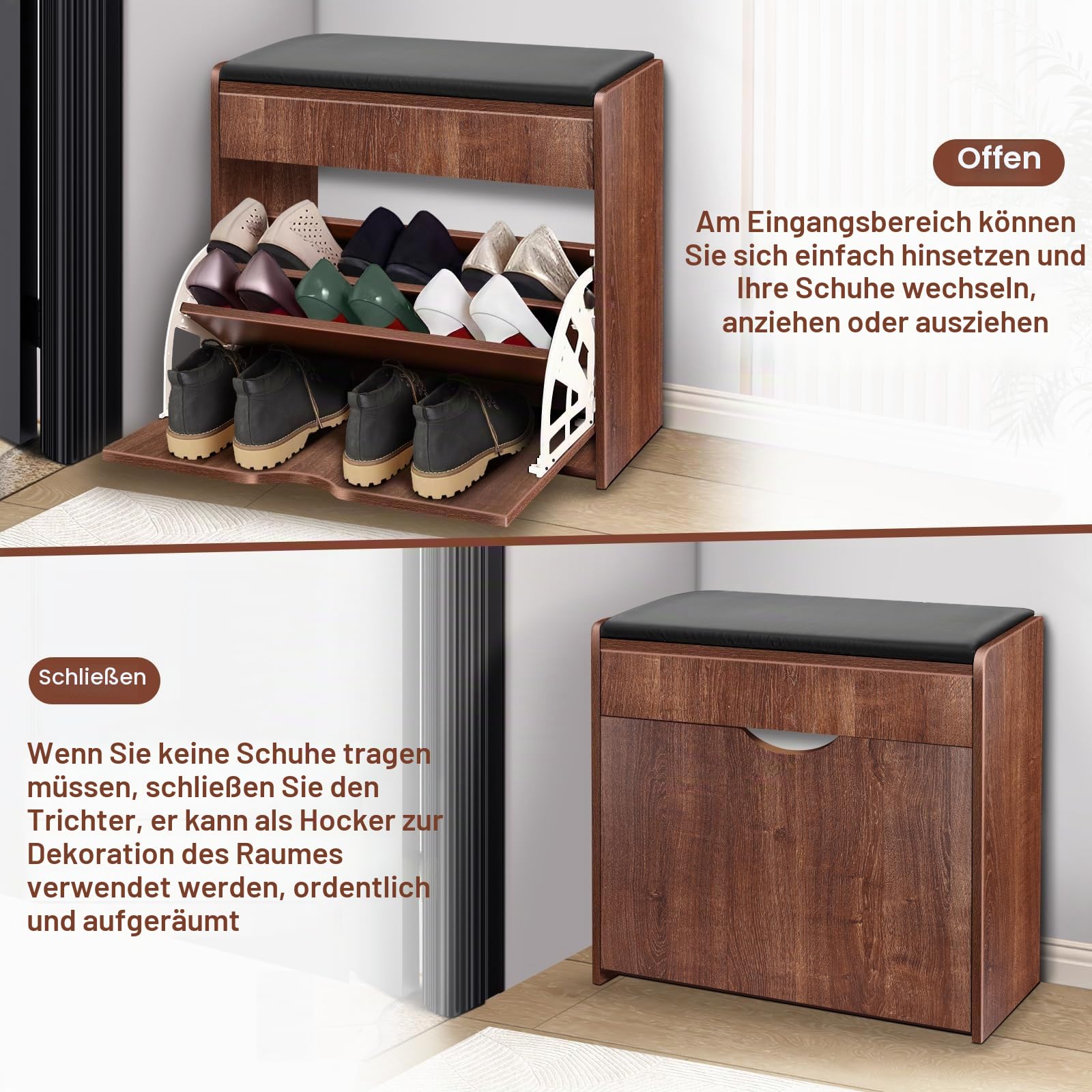 YGYQZ Schuhaufbewahrungsbank mit Klappschublade, Holz-Eingang, Schuh-Organizer, Bank für Eingangsbereich, 1 Schublade, Schuhschrank, Braun