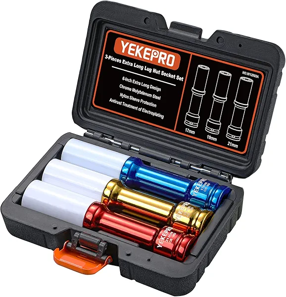 YEKEPRO Lug Nut Socket Set 1/2" Drive Impact Tools, Non-marring & Thin Wall Lug Nut Socket Set, Extra Long 150mm Deep Socket for Wheel Lug Nut Remover, 3pcs Metric Sizes 17 19 21mm, 6 Point, W12003A