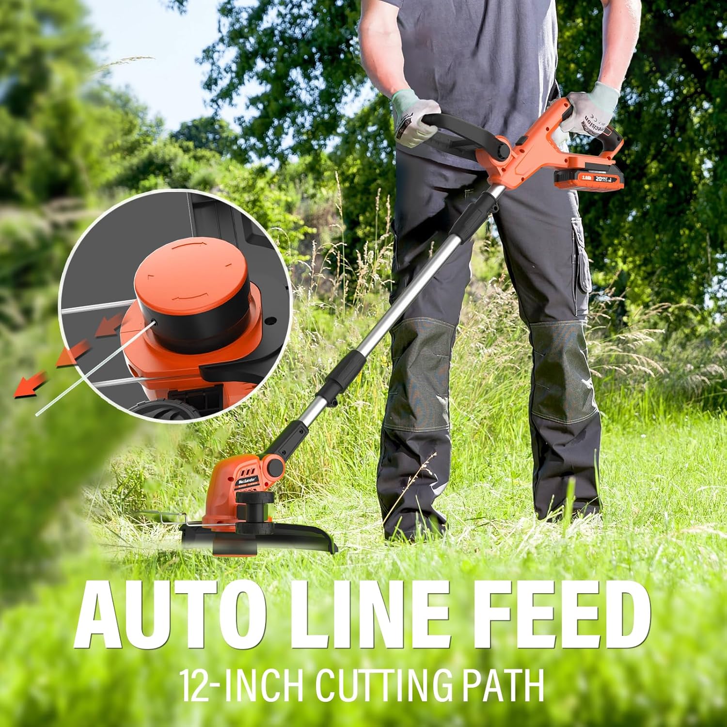 MAXLANDER Weed Wacker Cordless, 20V 12 Inch Cordless String Trimmer Edger, Weed Wacker Battery Operated with 8 PCS Replacement Spools, Lightweight Weed Trimmer, 2x2.0Ah Battery & Charger Included
