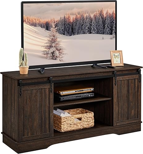 Topeakmart Soporte de TV para televisores de hasta 65 pulgadas, centro de entretenimiento multimedia con puerta corrediza de granero, consola de TV