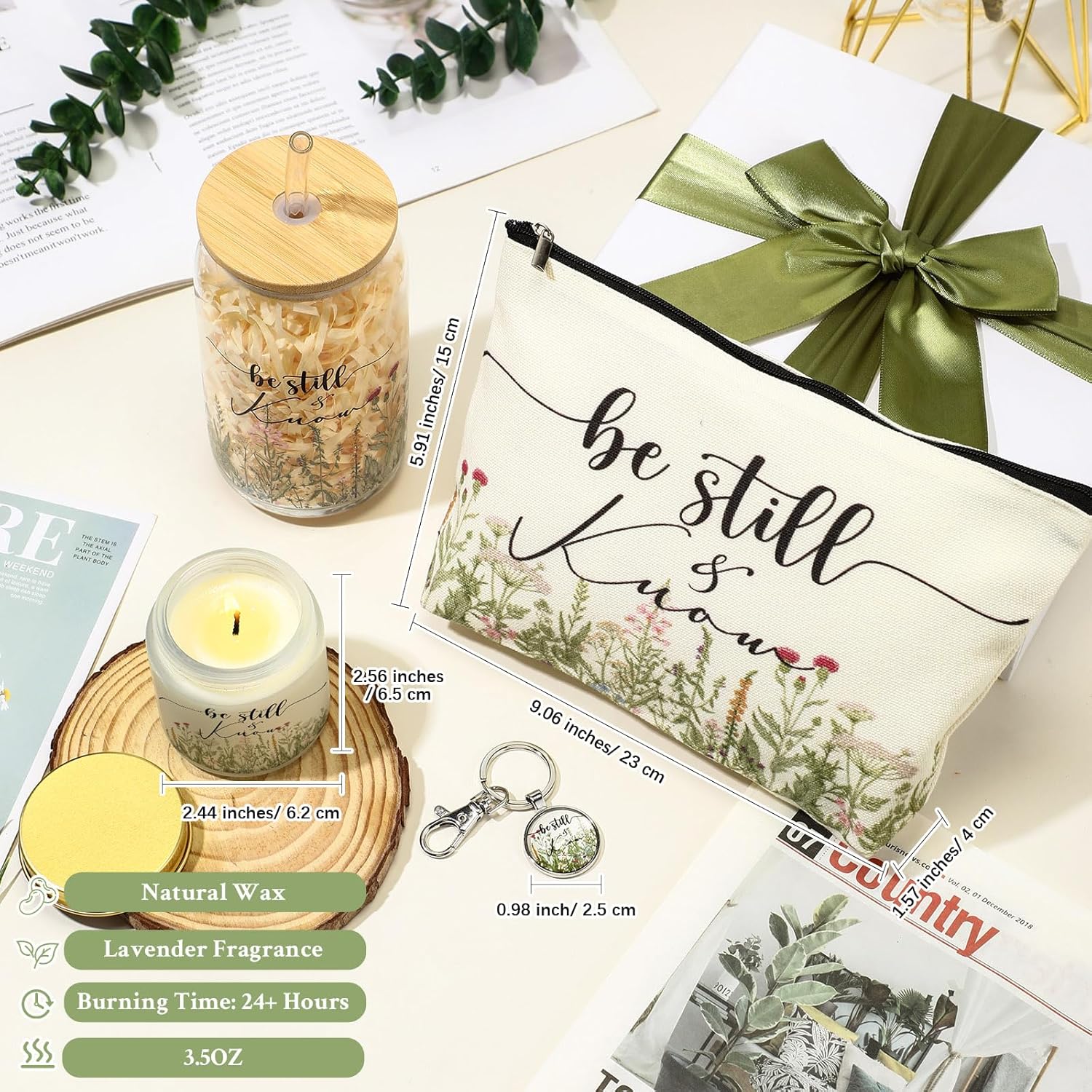 5 Pcs Christian Gifts for Church Women Grandparents Day Be Still & Know Religious Christian Glass Cup Bible Verse Keychain Prayer Candle Makeup Bag for Pastor Sunday School Teacher(Flowers) - Image 4