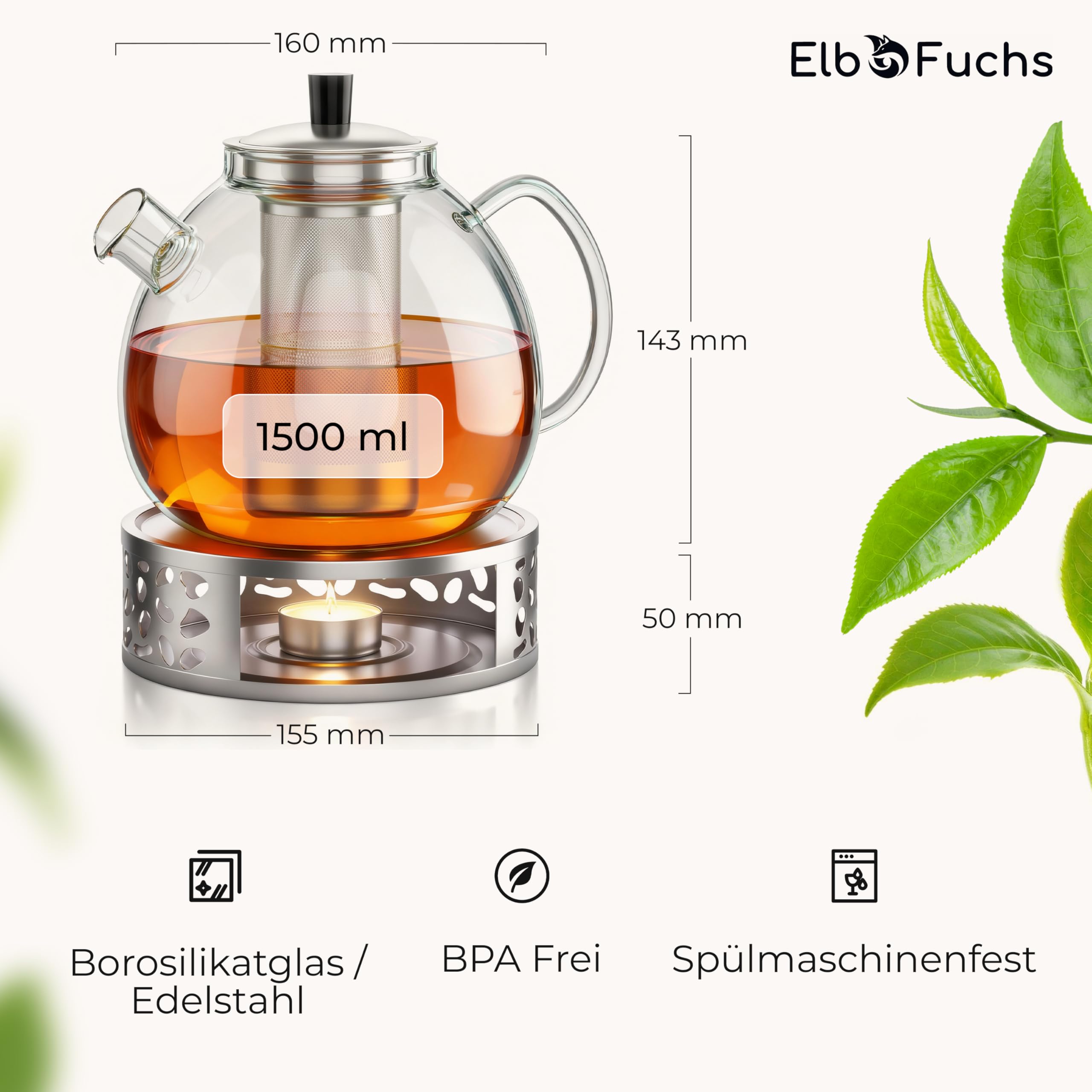 ElbFuchs® Doppelwandige Teegläser 4x 350ml & Teekanne 1,5 Liter mit Stövchen VIENNA | GESCHENKIDEE | Kristallklare Thermogläser doppelwandig | Ideal als Teeservice