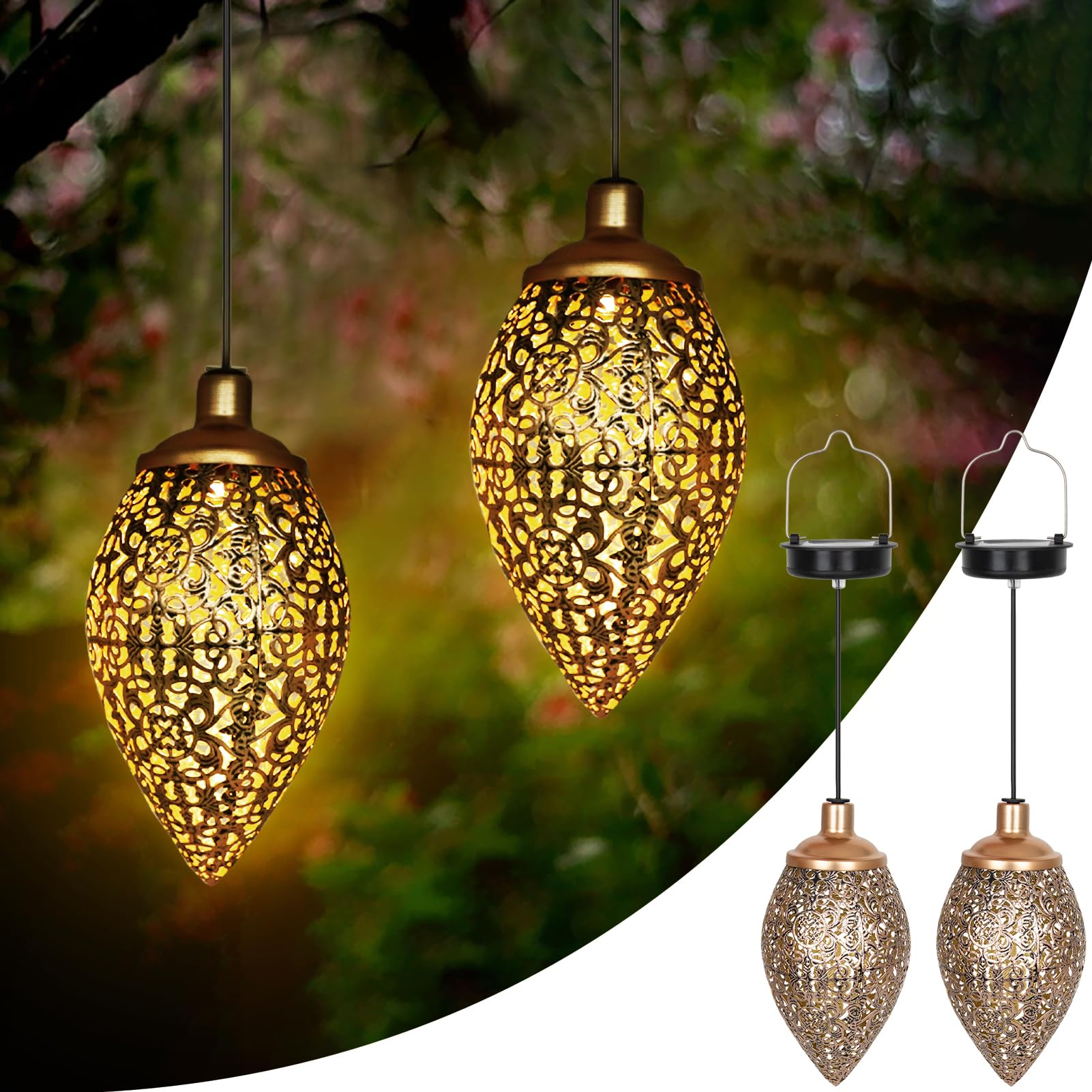 CCILAND Solarlampen für Außen Hängend, 2 Stück Metall Solarlaterne mit Warmweiß LED, IP65 Wasserdicht Solar Hängelampe Outdoor für Garten Baum Patio Balkon Rasen Deko