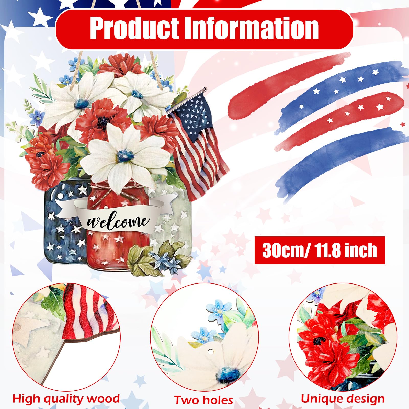 Happy 4th Of July Wooden Sign - Patriotic American Flag Wreath Wall Decor, 11.4x11.4 Inch - View #9