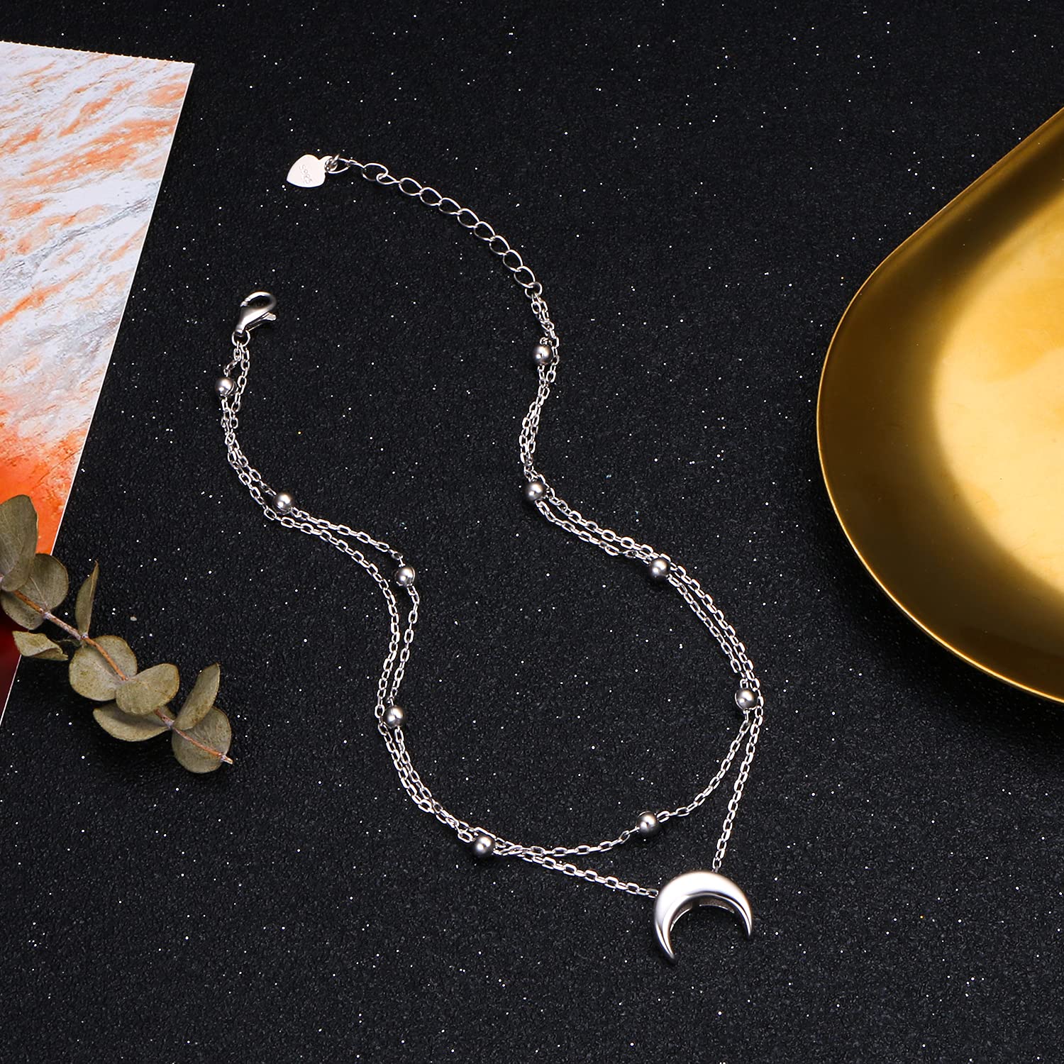 Flyow Moon Layered Fußkettchen 925 Sterling Silber für Damen Mädchen Einstellbare Perlen Halbmond Knöchel Armband Boho Strand Fuß Kette 9+1,5 Zoll Charme Schmuck