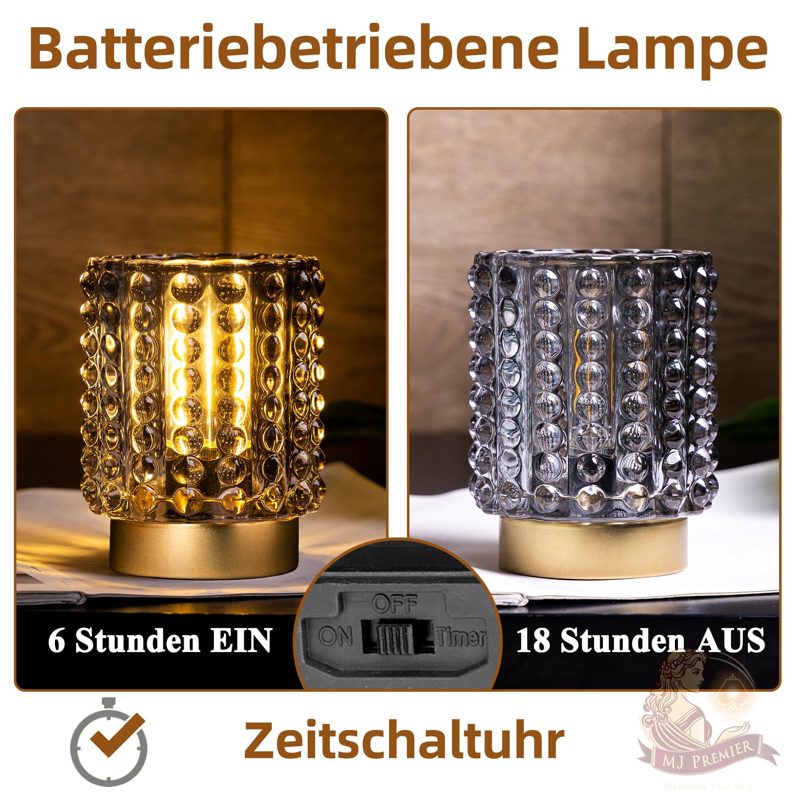 MJ PREMIER Batteriebetriebene Tischlampe mit Timer, Mini Glaslampe Kabellos, Kleine Kristall-Leuchte für Schlafzimmer, Bad, Flur, Regal – Ohne Steckdose Nutzbar, für Dekoration (Grau)