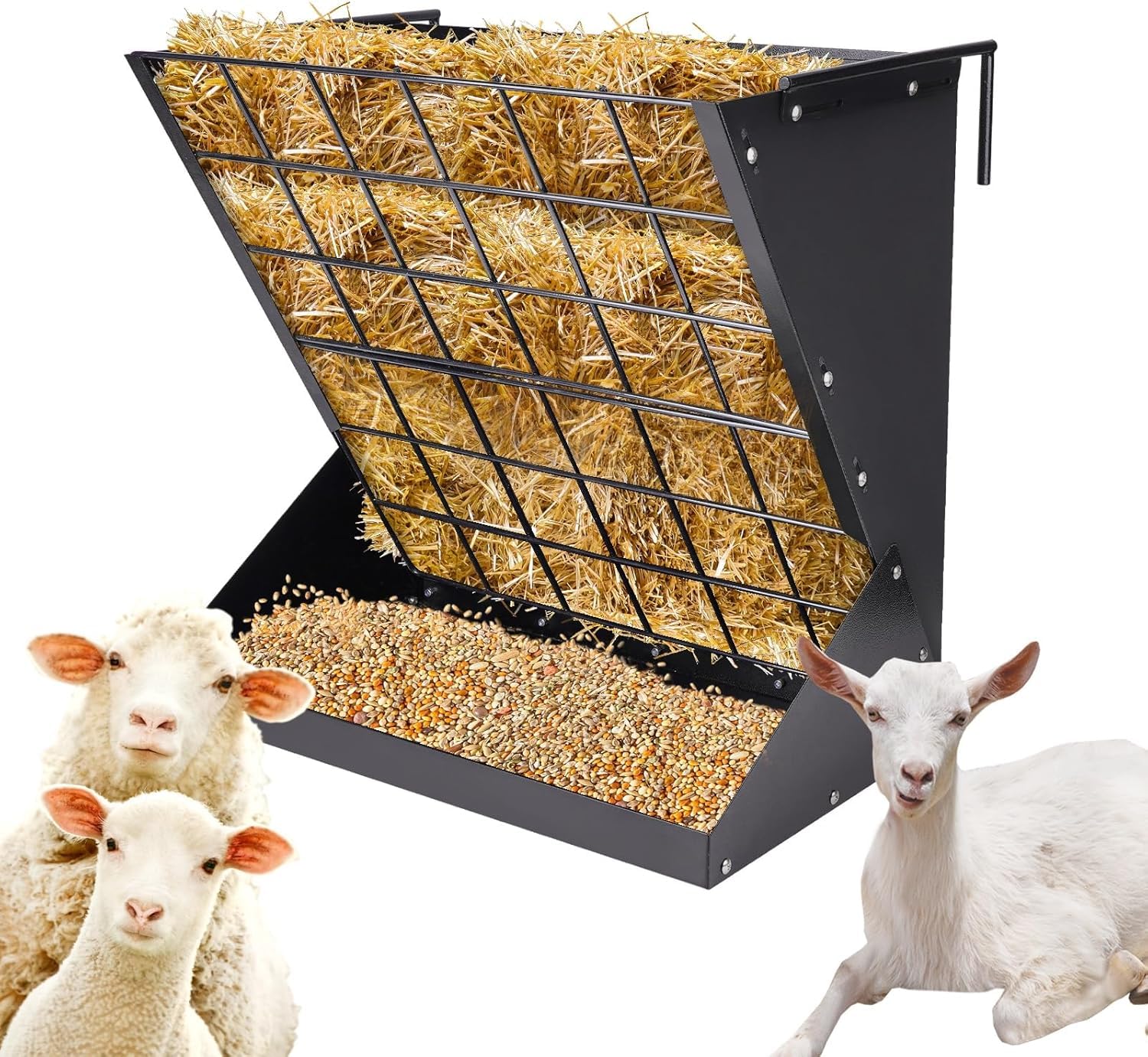 Grande rastrelliera per fieno 2 in 1 per pecore e capre, con mangiatoia, per fieno e cereali, in metallo, da appendere, per diverse stalle e coralli