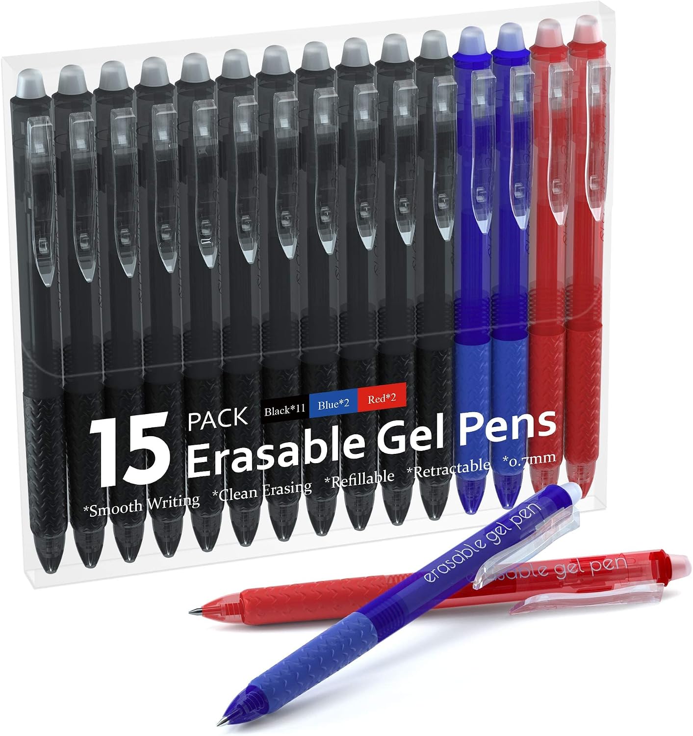 Erasable Gel Pens, 15 Pack Retractable Erasable Pens Clicker, Fine Point, Make Mistakes Disappear, 11 Black 2 Blue 2 Red Inks for Writing Planner and Crossword Puzzles…