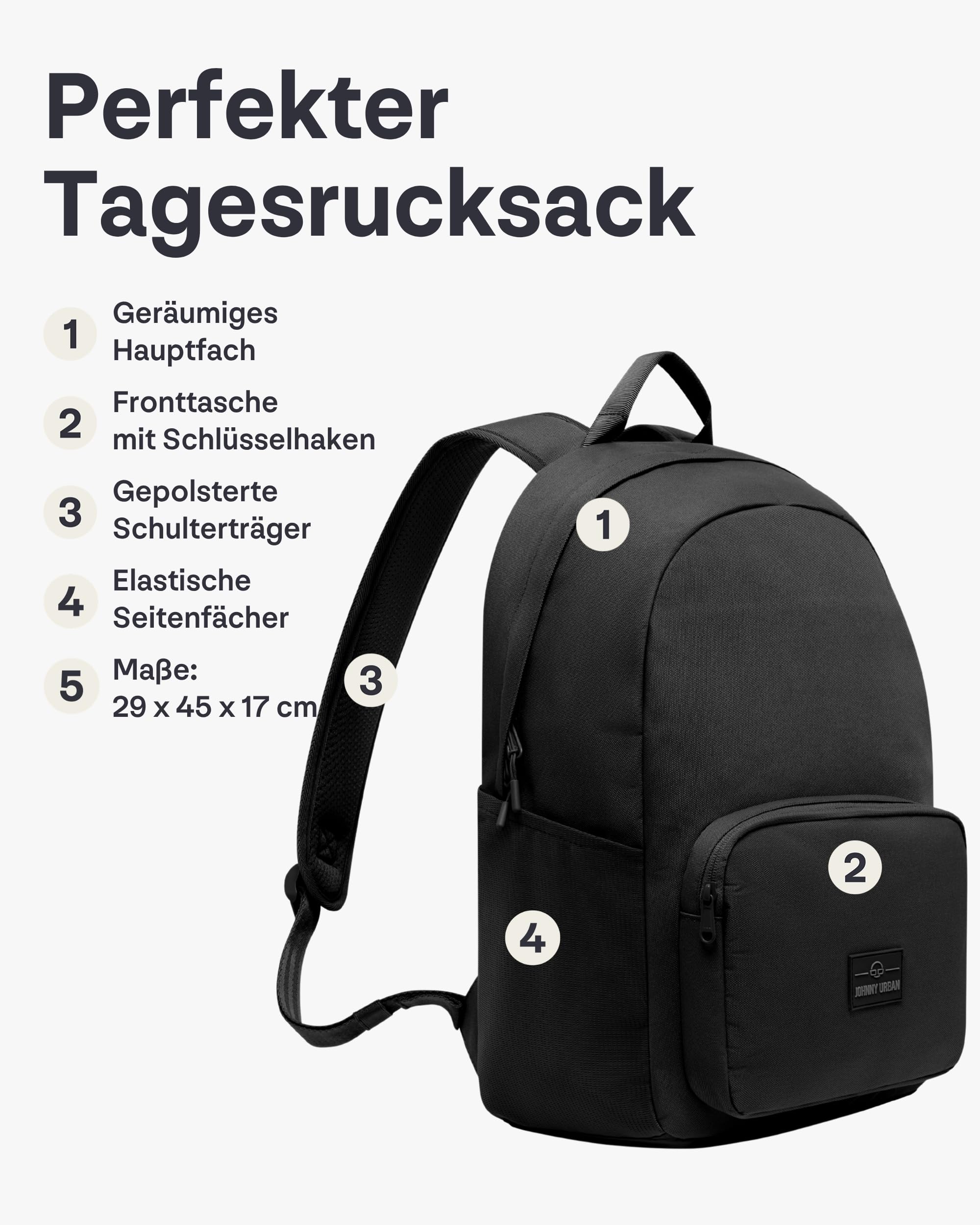 Johnny Urban Schulrucksack Teenager Schwarz - Moritz - Schultasche für Jungen & Mädchen - 17 Liter - Casual Tagesrucksack mit Laptopfach für Schule & Freizeit - Wasserabweisend