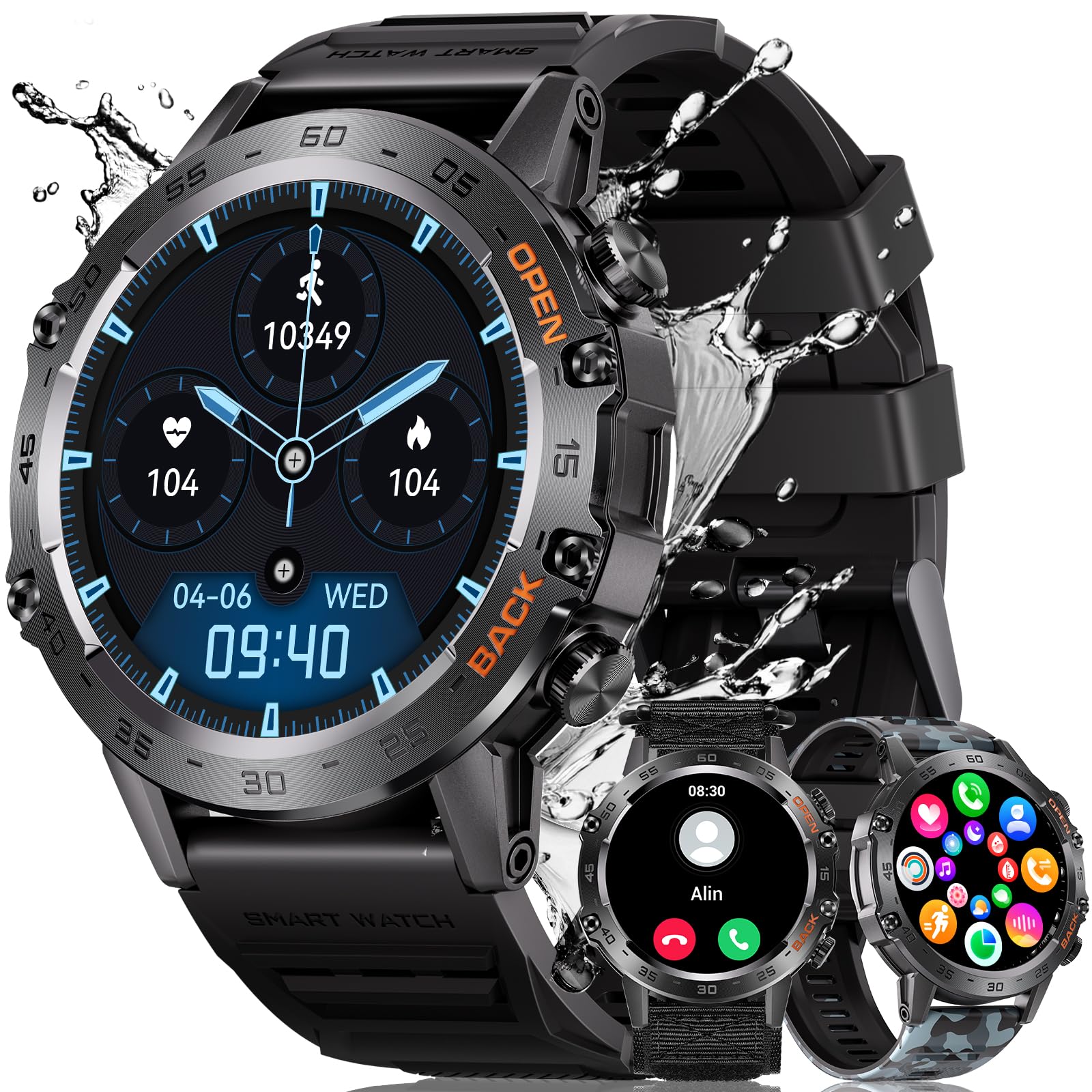 MEGALITH Orologio Smartwatch Uomo Bluetooth: Risposta Chiamate Militare Smart Watch IP67 Impermeabil - Fitness 106+ Sportive SpO2 Sonno Monitor iOS Android Nero