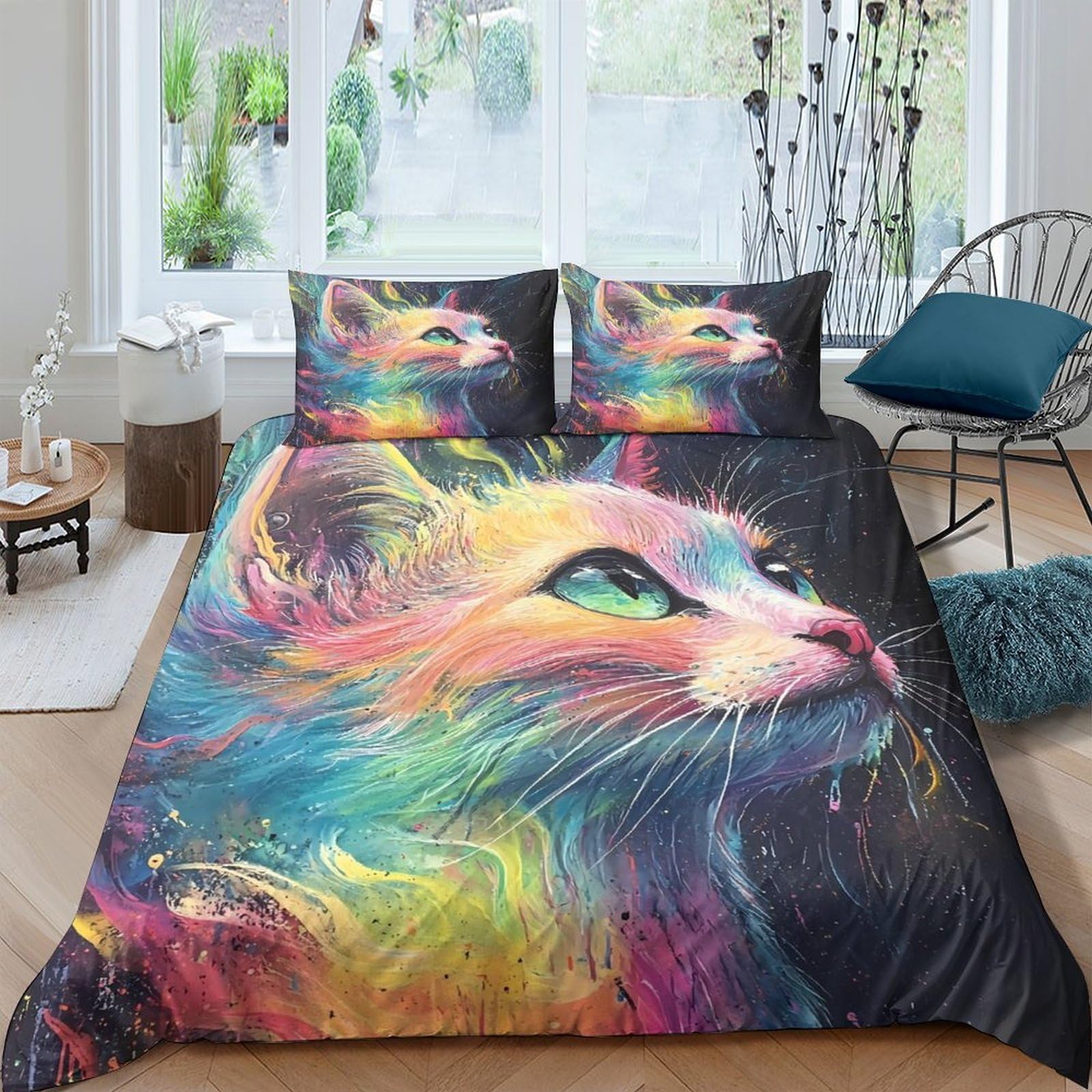 Ctjqhvkz Style-8 3D Printed Colorful Cat Fitted Sheet Microfiber Soft Breathable Rainbow Cat Bed Sheet For Bedroom Guest Room Decor Single（135X200cm）