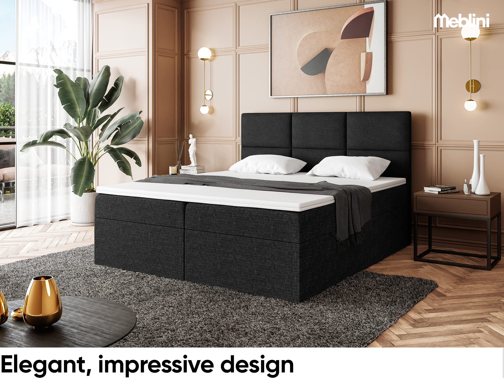 MEBLINI Boxspringbett mit Bettkasten - 200x200 - Gepolstert Doppelbett mit Matratze und Topper - Polsterbett mit Stauraum - Bett ohne Kopfteil - Stauraumbett - KYLIAN - H4/Schwarz Webstoff