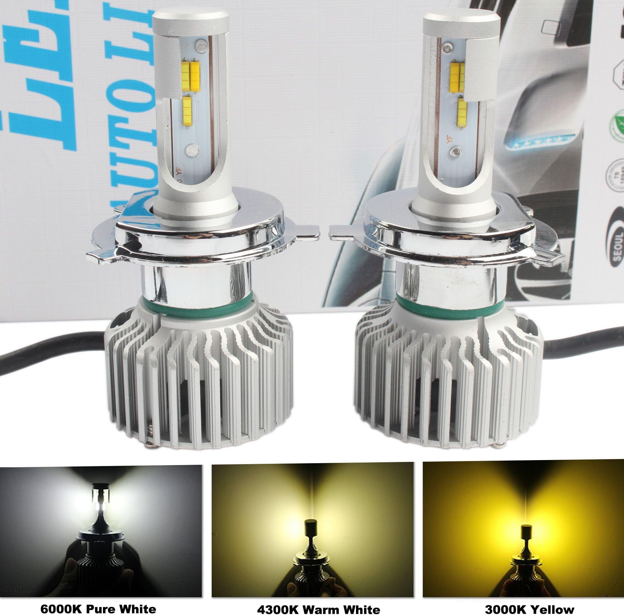 ANFTOP H4 HB2 9003 Car LED Headlight Bulbs Conversion Kit 60W 6000LM 6000K White / 4300K Warm White / 3000K Yellow 3 Color Temperature All In One Auto Headlamp Plug and Play 12V DC