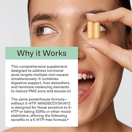 Vista 6 de CLEARSTEM - MINDBODYSKIN Suplemento hormonal para el acné (sin 5-HTP) - Suplemento DIM natural - Vitaminas para el cuidado de la piel - Equilibrio