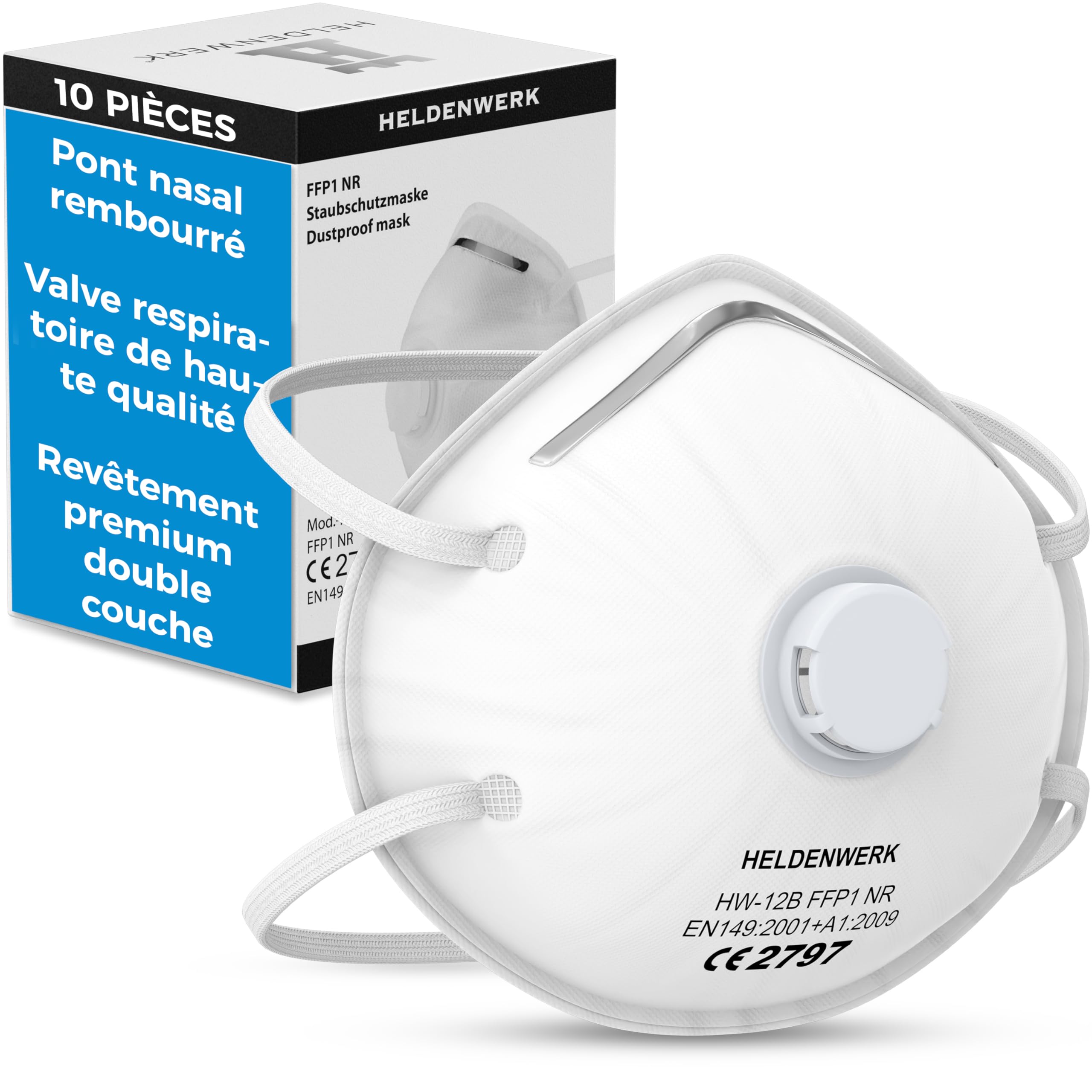 HELDENWERK Atemschutzmaske im 5er, 10er oder 20er Set - Atemmaske - Perfekt anpassbare FFP1 Mundschutz Maske - Feinstaubmaske, Staubschutzmaske für Schleifen etc