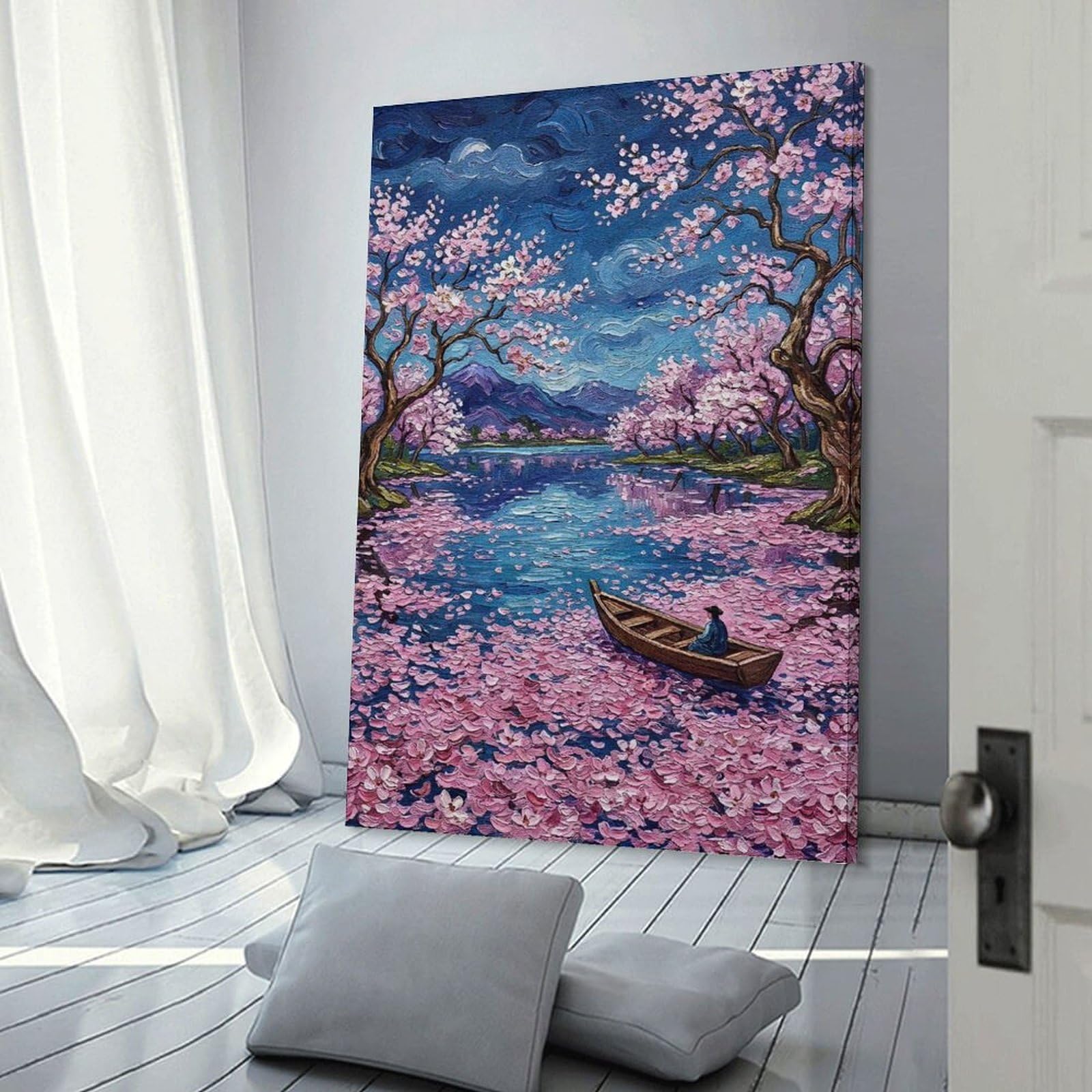Junmoney Canvas Wall Picture Cherry Blossoms And Boat Painting, 20x30inch(50x75cm), for Office, Study Or Home Workspace, Canvas Wall Decor for Creative Rooms