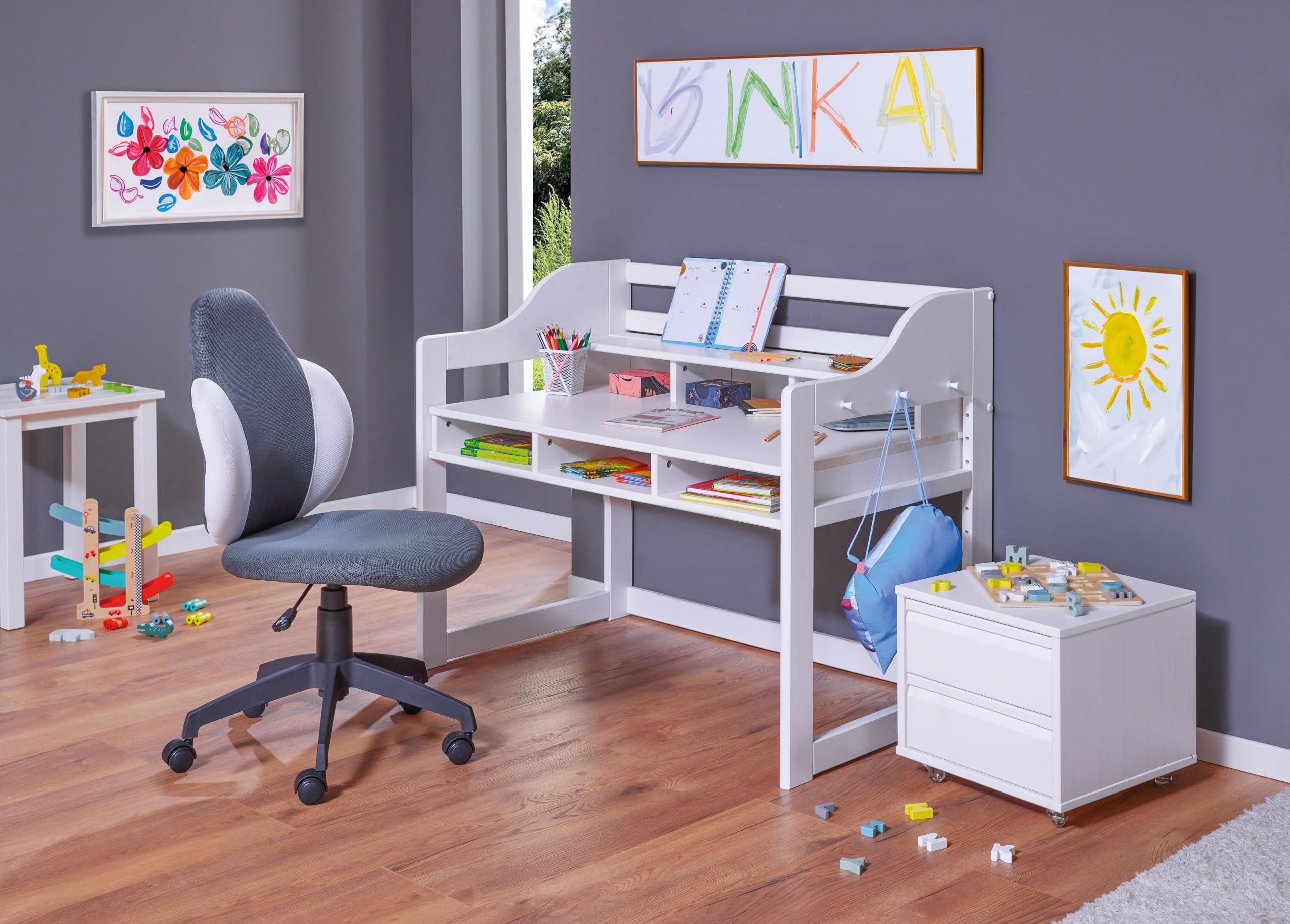 Inter Link - Kinderschreibtisch - Höhenverstellbar - Mitwachsend - Ergonomischer - Jugendzimmer - 6 Fächer - Viel Stauraum - Weiß - Kiefer Massivholz - Kids Learning