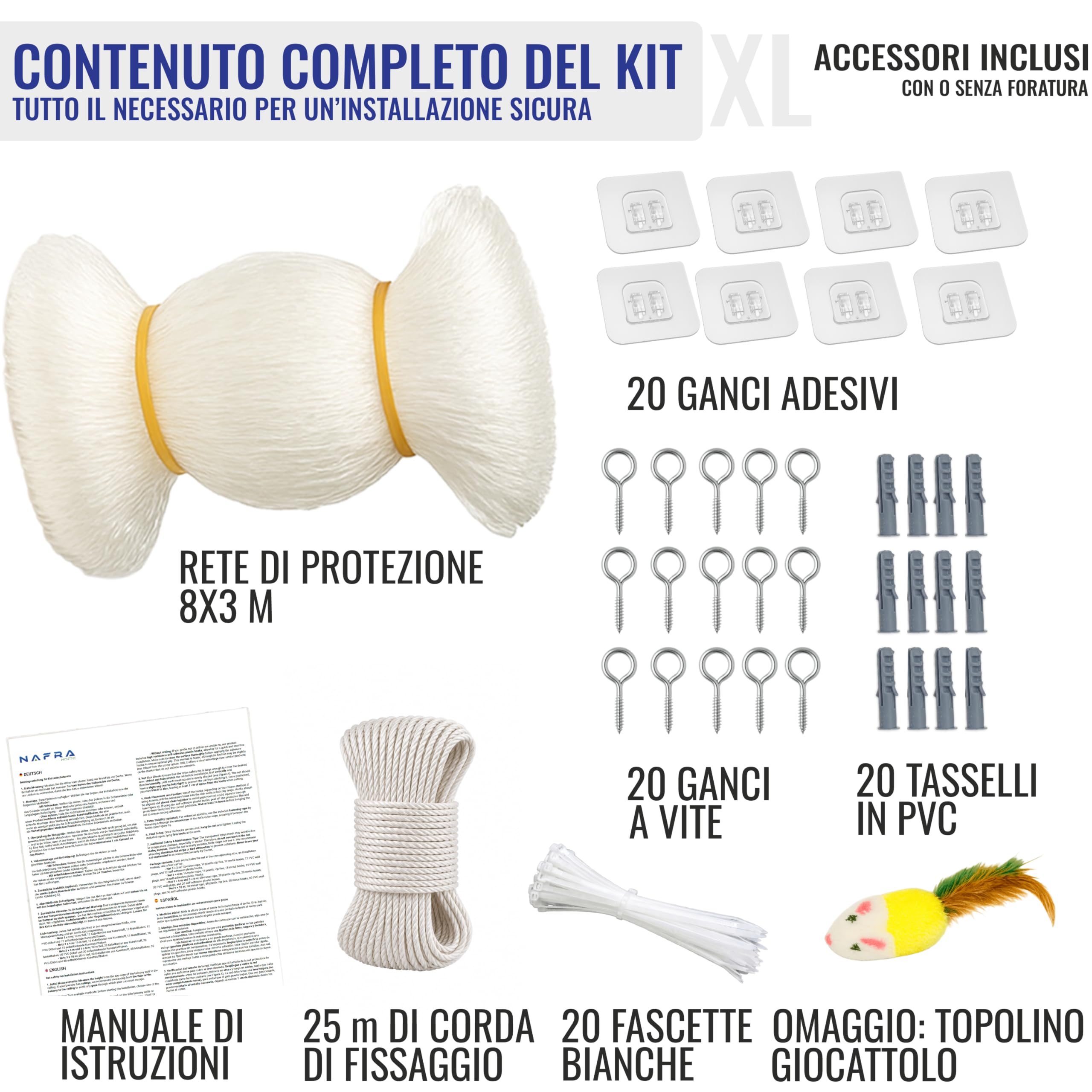 Rete per Gatti Balcone 8x3m – Trasparente | Rete Protezione Gatti con Installazione Senza Trapano o con Trapano | Kit Completo Incluso | Rete Gatti Finestra