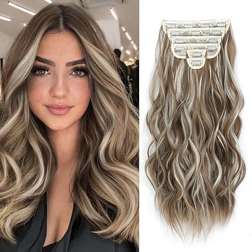 Miniatura 135 de Synthetic Clip in Hair Extensions, 6PCS Natural &Soft Hair& Blends Well Lonng Wavy Hairpieces(20inch,6pcs, Black with Brown Highlights)