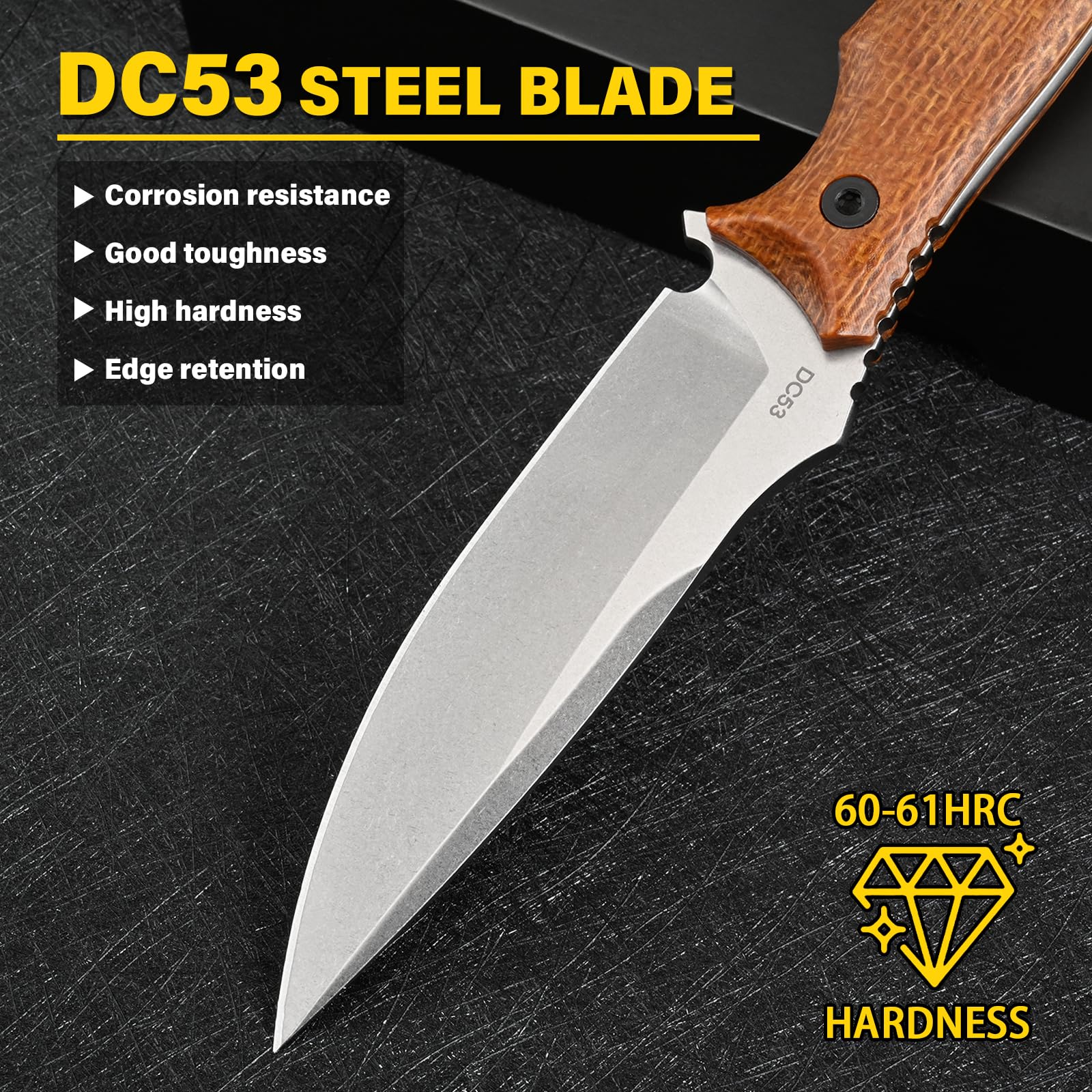 DC53 Stahl Feststehendes Outdoor Werkzeug mit Micarta Griff & Kydex Scheide, Jagdwerkzeug für Männer, EDC Camping Survival Angeln (Weiß/Gelb)