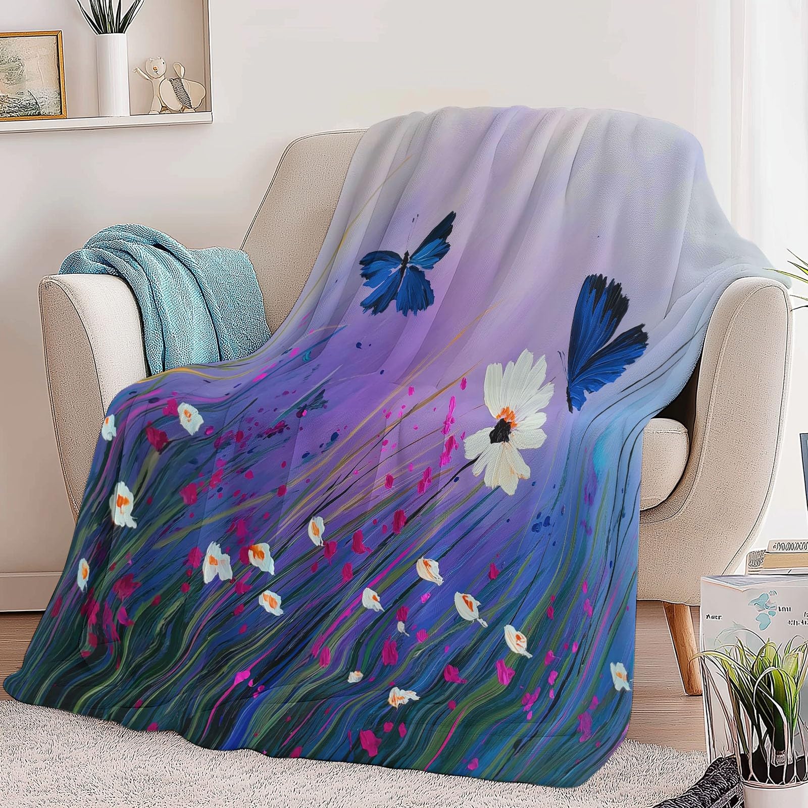 200 x 200 cm, przytulny koc w kolorze fioletowym, wiejska łąka kwiatowa, puszysty koc polarowy, koc na kanapę, puszysty koc z mikrofibry, narzuta na sofę, do sypialni, biura
