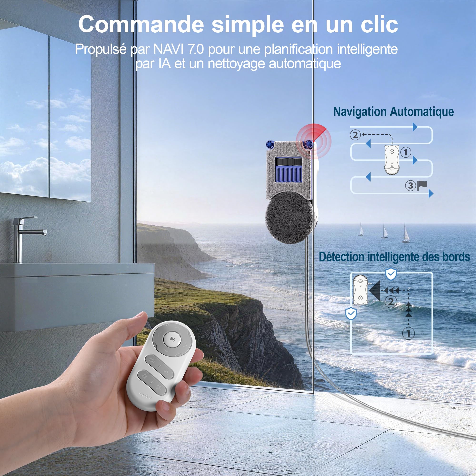 Hutt 10 / R10 Robot Laveur Vitres, Robot Nettoyeur de Vitres avec Système de Nettoyage Hybride Humide/Sec, 7000Pa, Double Spray HydroJet, Navigation NAVI 7.0, Châssis 3D Flottant, Boîte de Rangement