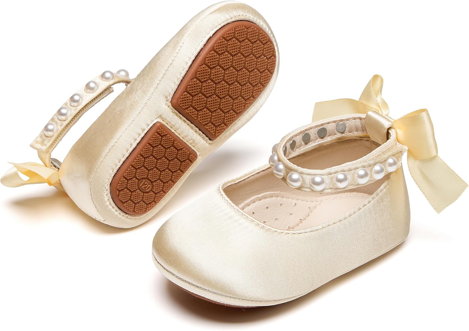 PHIRAMIN Baby Girls Mary Jane Flats - Infant Newborn Walking Shoes Soft Rubber Sole Princess Wedding