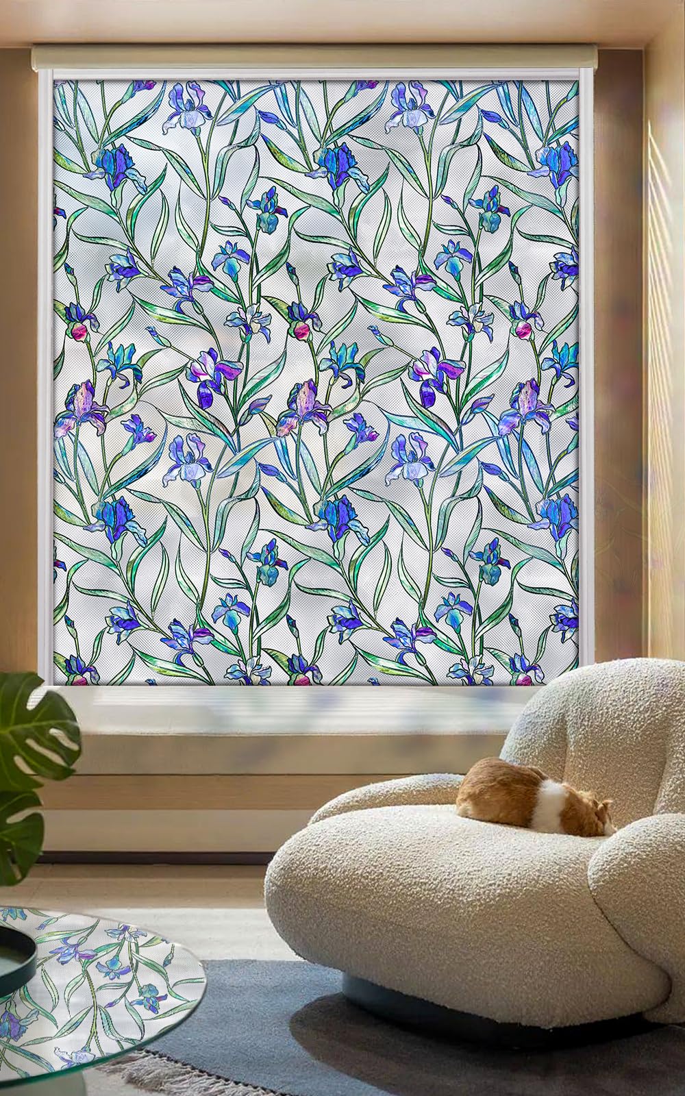 Film Vitrage Dépoli Floral 3D Faux Vitrail - Adhésif Statique 17.5"x39.4" - Neuf