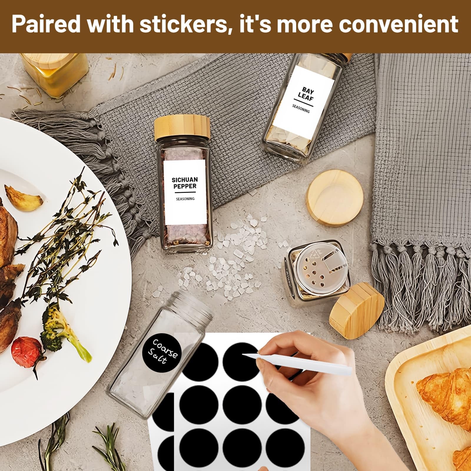 Eidoct Lot de 24 pots à épices en verre avec couvercle en bois - 120 ml - Avec couvercles et étiquettes - Convient pour les restaurants et la maison - Chaque lot comprend un pinceau, un marqueur pour