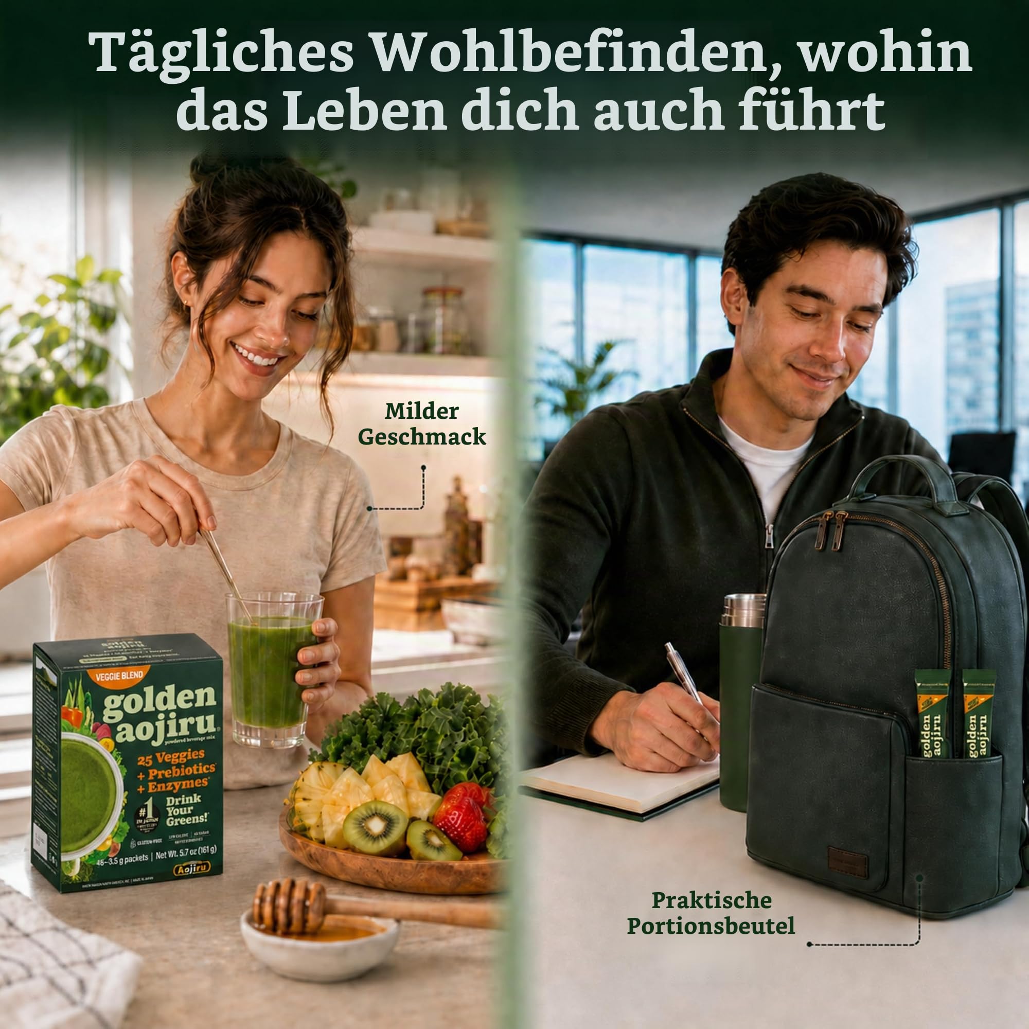 Golden Aojiru Green Superfood Pulver - Japanischer Gerstengrassaft mit 25+ Gemüse, Prebiotika & Enzymen - Glutenfrei, Grüner Saft - 46 Stück