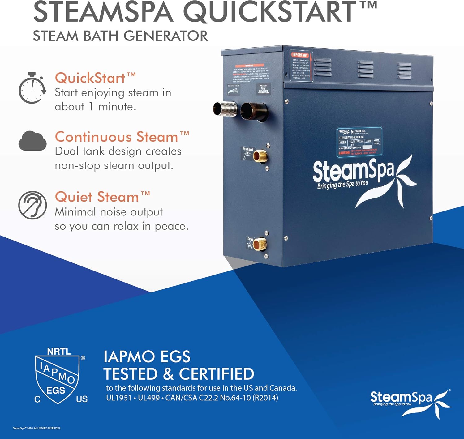 SteamSpa QuickStart Steam Bath Generator features