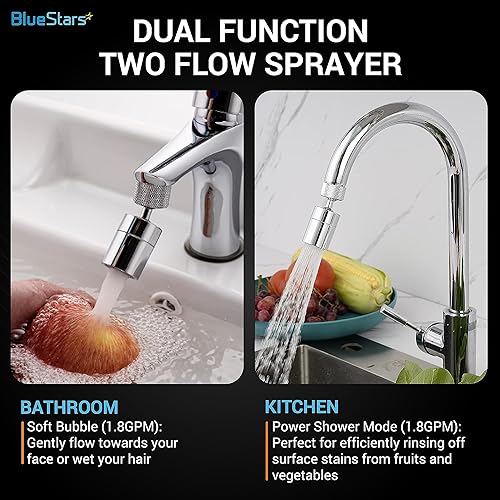 Miniatura 4 de BlueStars Aireador de fregadero de cocina giratorio de 360 ultraduradero, cabezal de grifo de rociador de doble función de 2 flujos, boquilla de