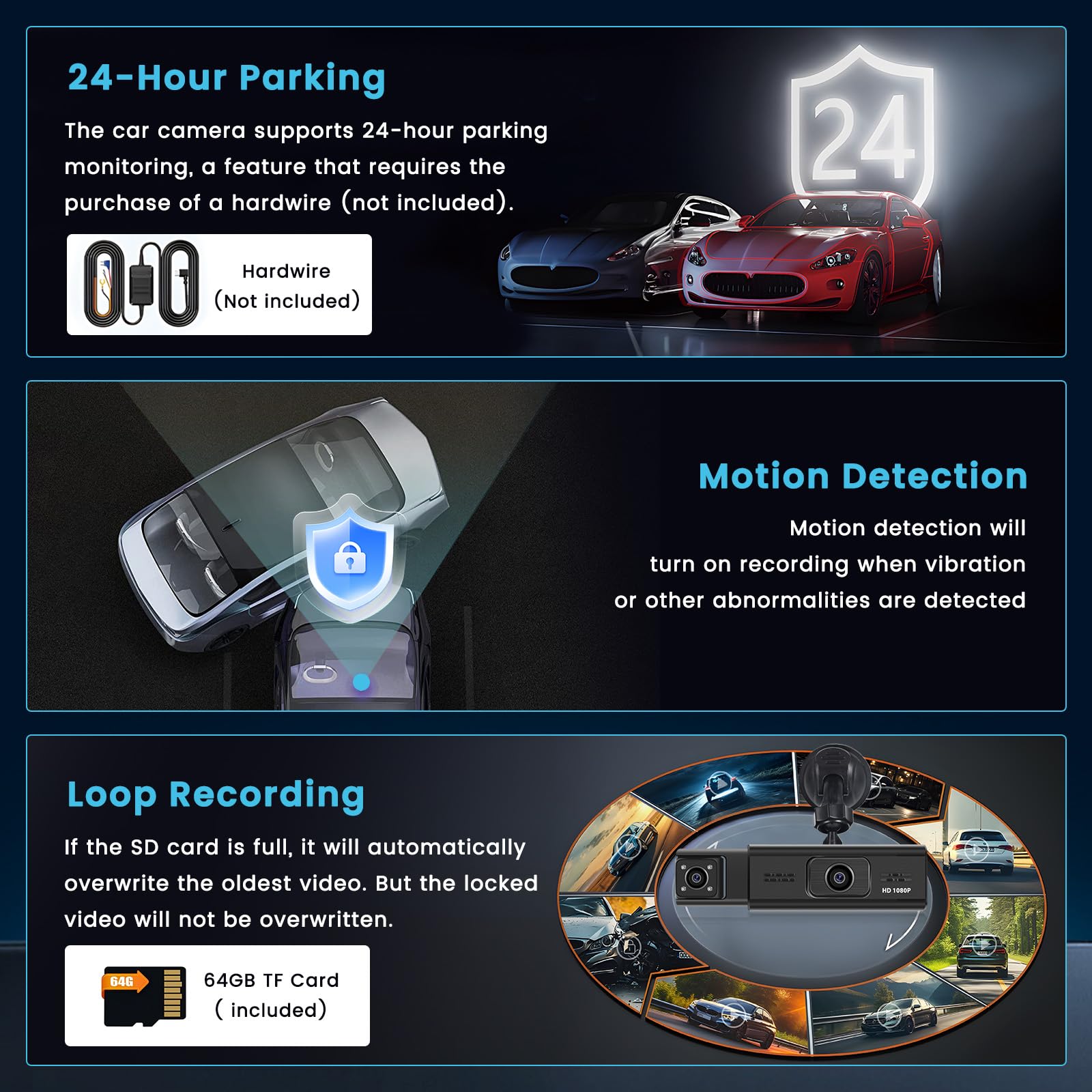 Inefala 4 Kanal Dashcam Auto, 360 Grad Dashcam 1080Px4 Vorne Hinten Innen Links und Rechts mit 64GB SD Karte, Autokamera mit Parküberwachung, Nachtsicht, G-Sensor, Loop-Aufnahm