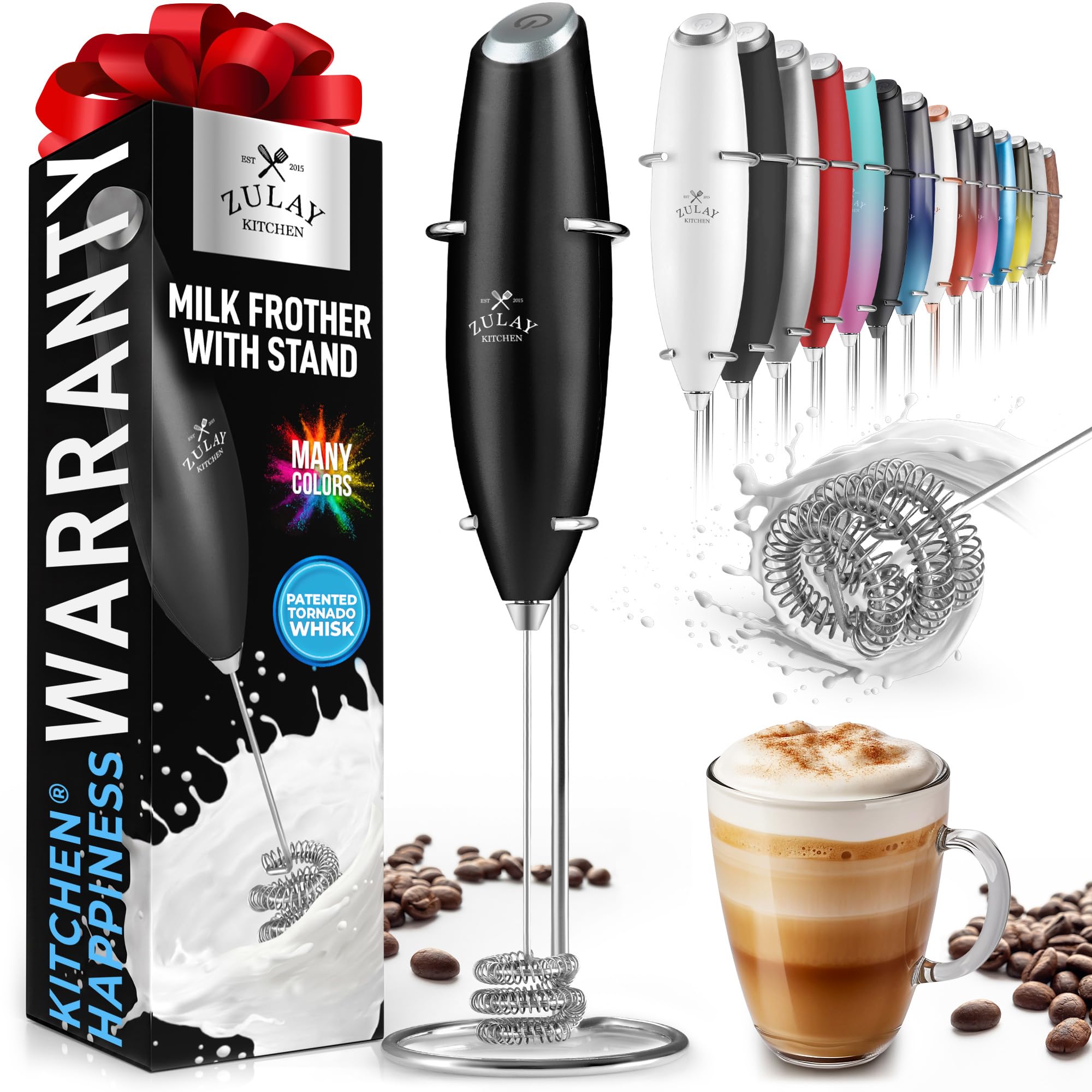 Zulay Powerful Milk Frother for Coffee with Upgraded Titanium Motor - Handheld Electric Whisk, Milk Foamer, Mini Mixer &amp; Coffee Blender for Frappe, Latte, Matcha, No Stand - Ultra Black