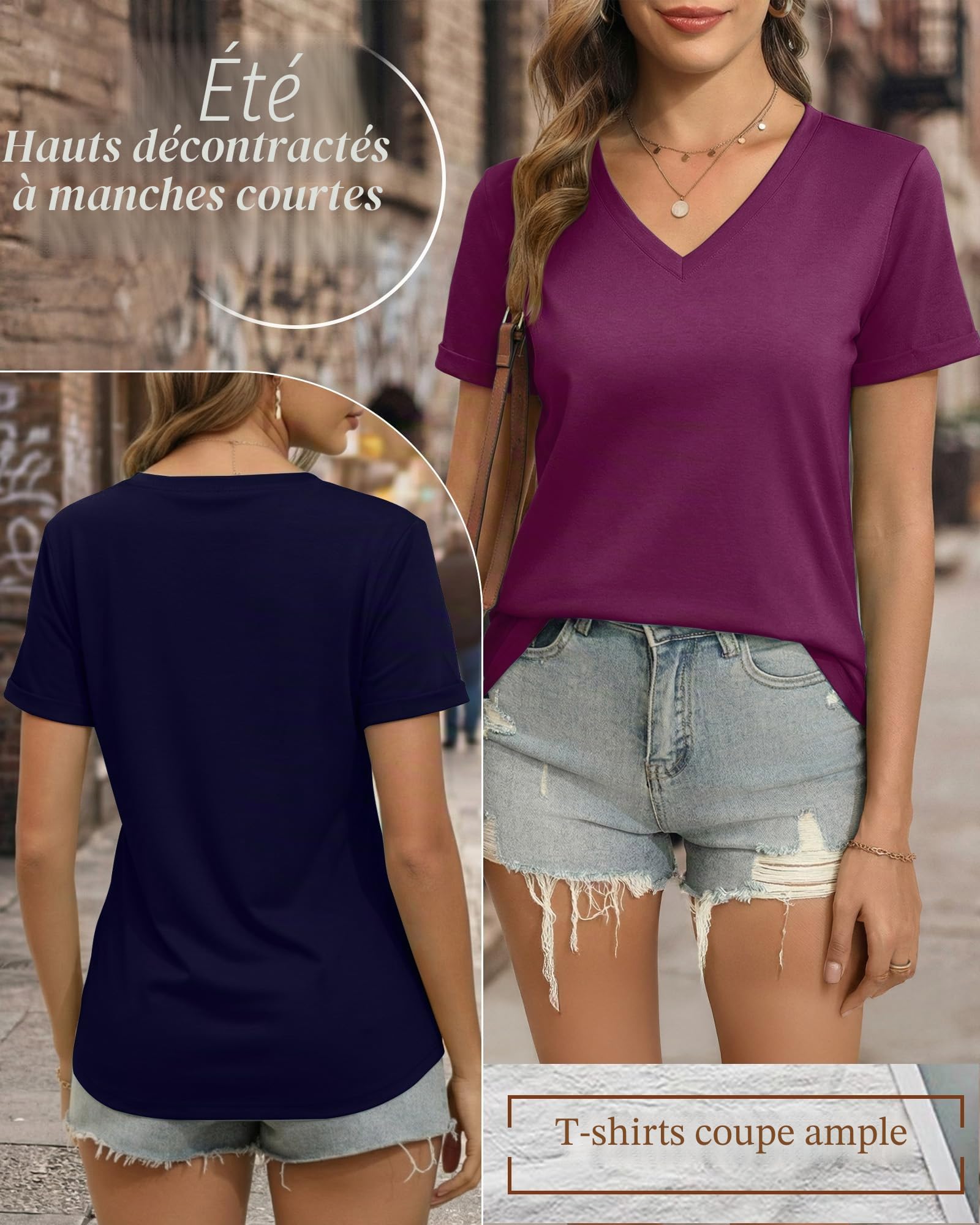 Ficerd Lot 3 T-Shirts Femme col V Manches Courtes | T-shirts doux en coton 65%, hauts a manches retroussees, coupe ample, T-shirts confortables pour tenues d'ete