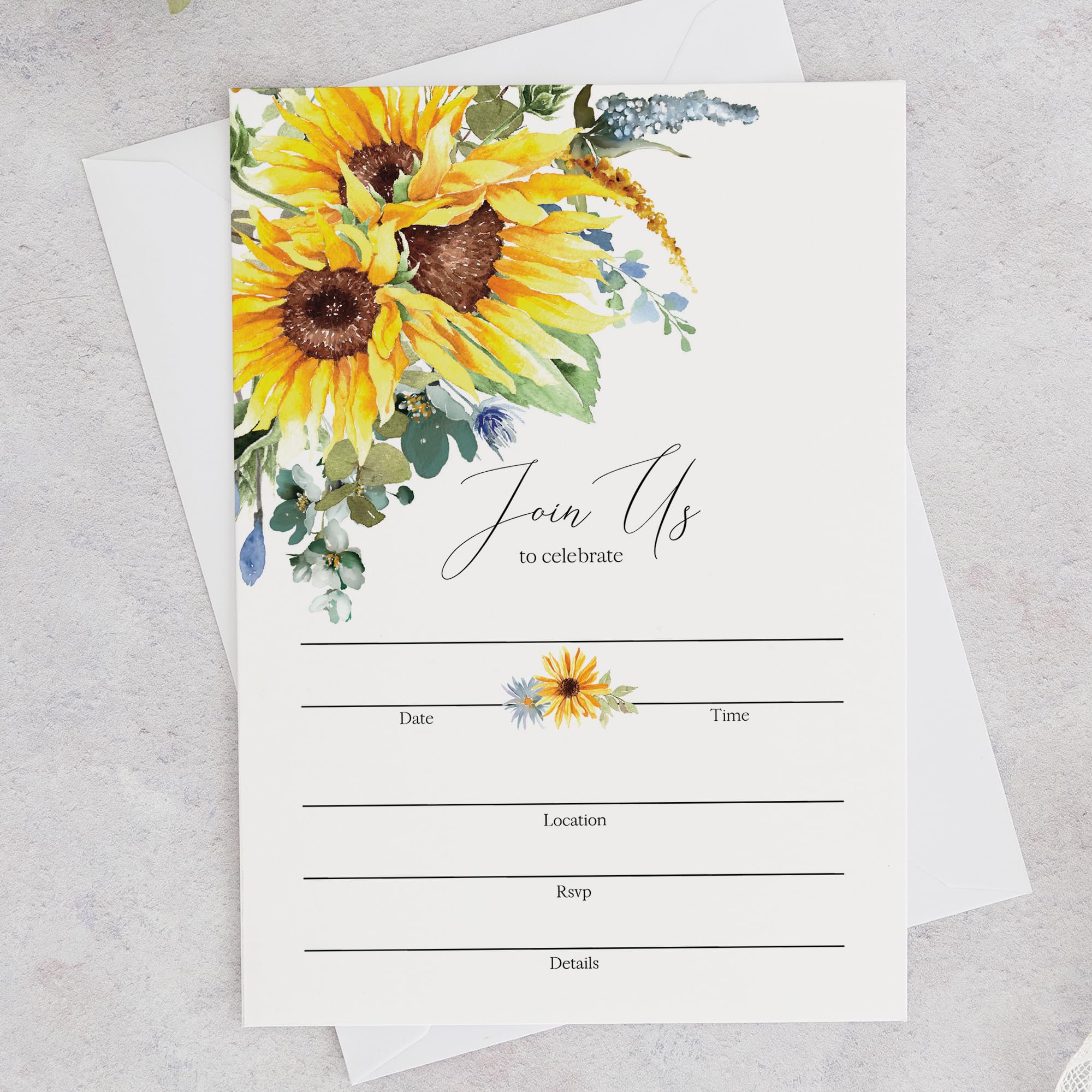 Moonrise Papery Set of 25 Sunflower Invitations with Envelopes, Fill-in Style Invites with Envelopes, All-Occasion Invitations for Baby Shower, Bridal Shower, Graduation, Birthday Party and More
