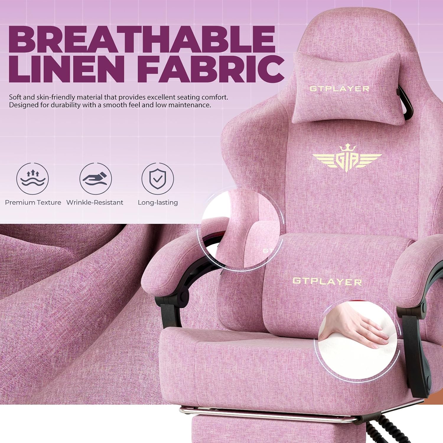 GTPLAYER Big and Tall Gaming Chair 400lbs Heavy Duty Office Chair with Foot Rest, High Back Pocket Spring Ergonomic Computer Chair for Adults, Wide Comfy Seated Cushion with Linkage Armrests, Pink image 4