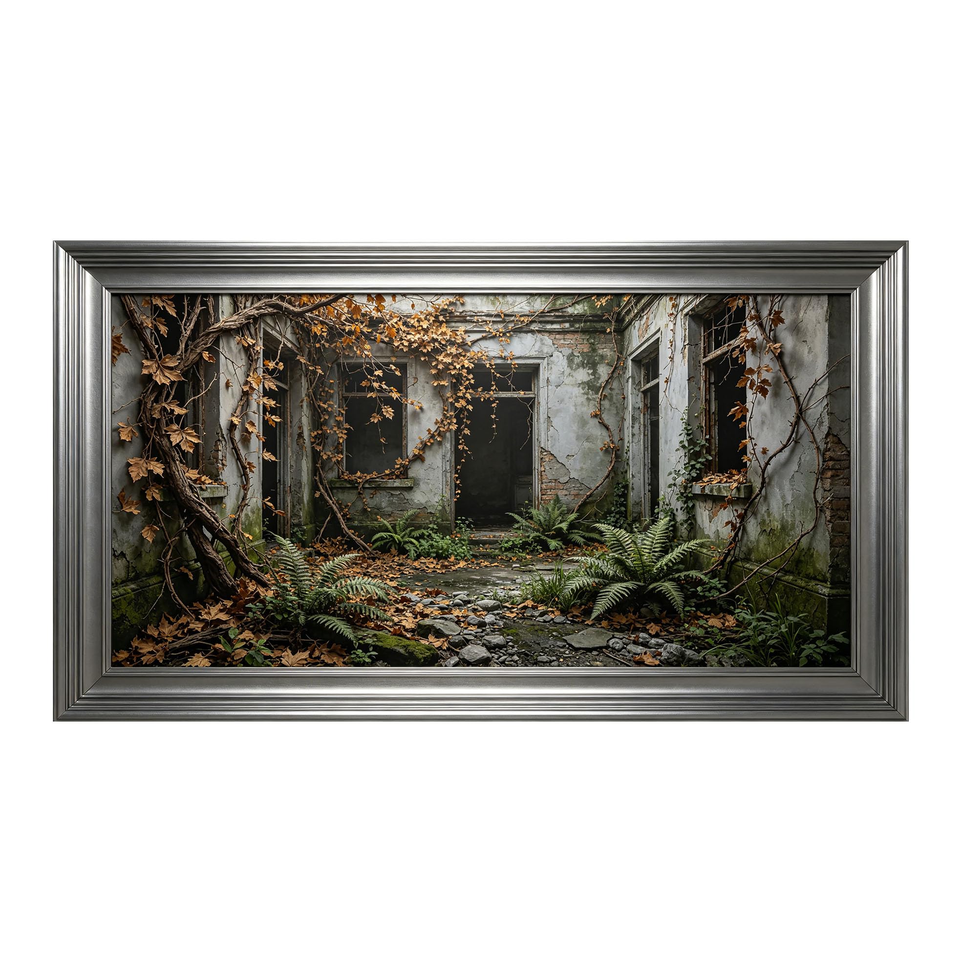 Murasolite 3D Framed Wall Art Abandoned Courtyard Botanical Rustic Landscape Oil Painting SelfAdhesive Fabric Mural Wall Decor,No Damage to Wall,AntiFall Safe Design for Bedroom Living Room