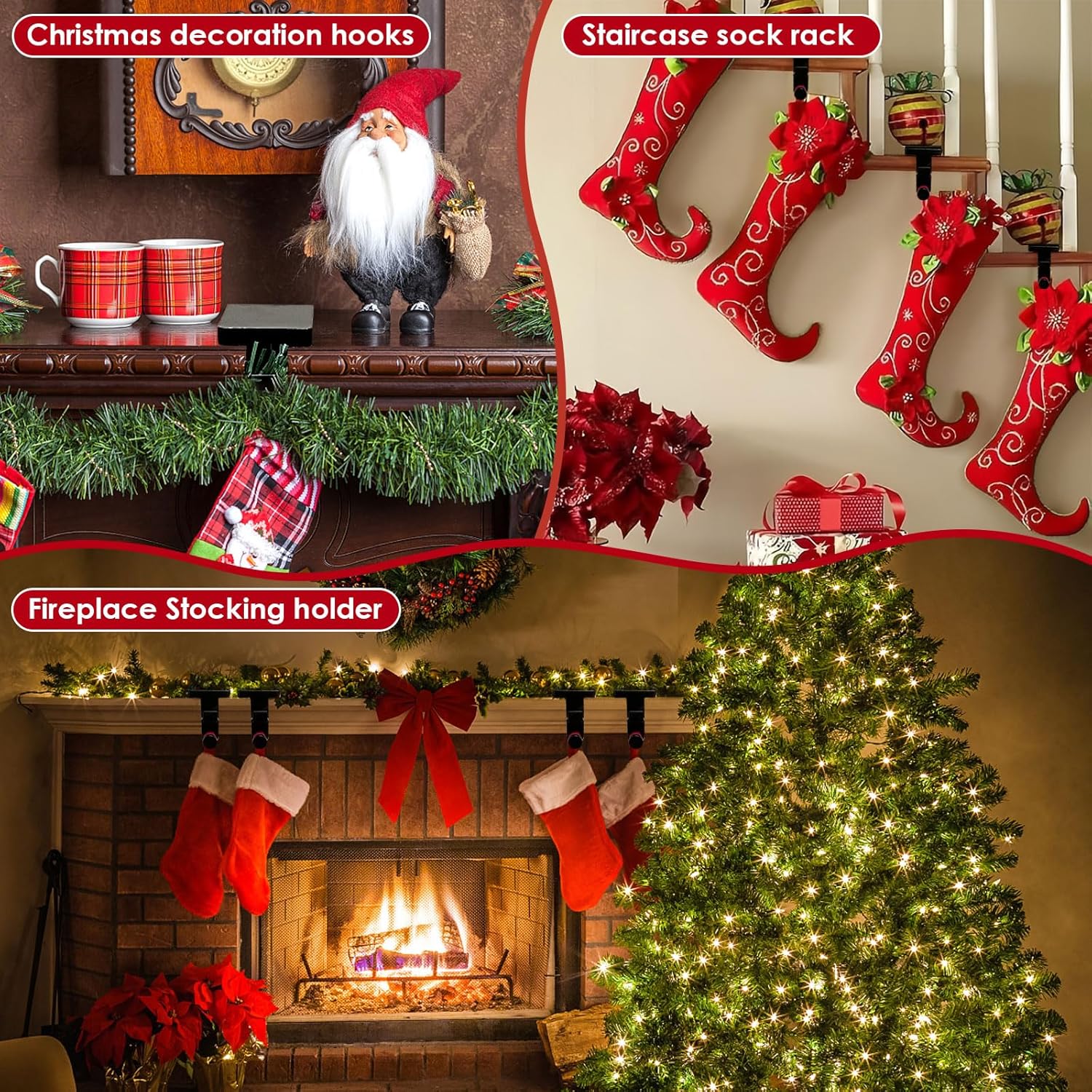 4 Pcs Black Garland Hangers for Mantle, 2 in 1 Mantle Weighted Christmas Stocking Hanging Hooks Stocking Holder with Double Sided Tape -Each Mantle Holder Has Two Hooks for Dual Purpose (Black-4 Pcs)