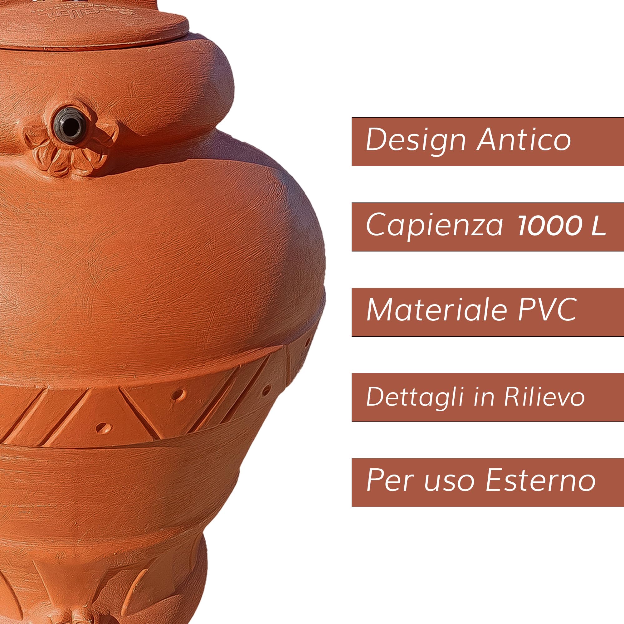 ESTO Serbatoio Acqua Elegante con Predisposizione Rubinetto 300 o 500 Litri, Cisterna Design Terracotta, Vaso Antico, Anfora, in Plastica Acqua Piovana 1000 LT/POMPA+PRESS CONTROL