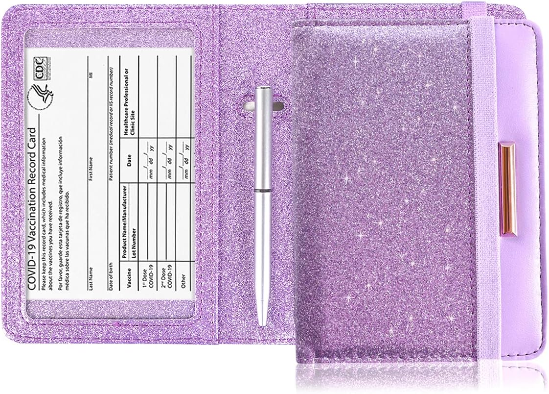 Caweet Passport Holder and Vaccine Card Holder Combo RFID Blocking Leather Vaccination Card Wallet with Elastic Band Closure, Glitter Purple Caweet Passport Holder and Vaccine Card Holder Combo RFID Blocking Leather Vaccination Card Wallet with Elastic Band Closure, Glitter Purple