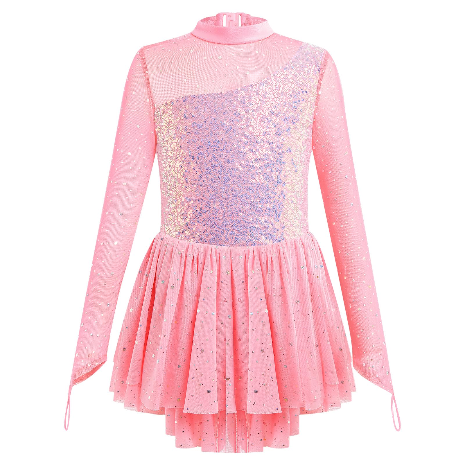 FYMNSI Eiskunstlaufkleid für Mädchen, glitzernde Strasssteine, langärmelig, Netzstoff, Tüll, Rock, Turnanzug, Gymnastik, Ballett, Tanzkleidung