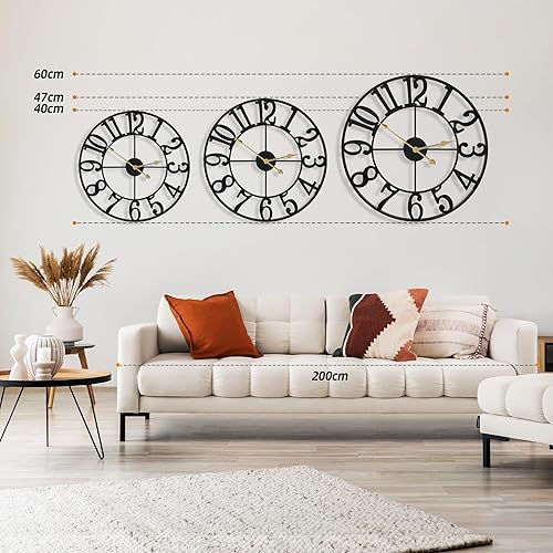 Miniatura 2 de Relojes de pared grandes para decoración de sala de estar, 16 pulgadas, redondo, de metal negro, silencioso, sin tictac, funciona con pilas, números
