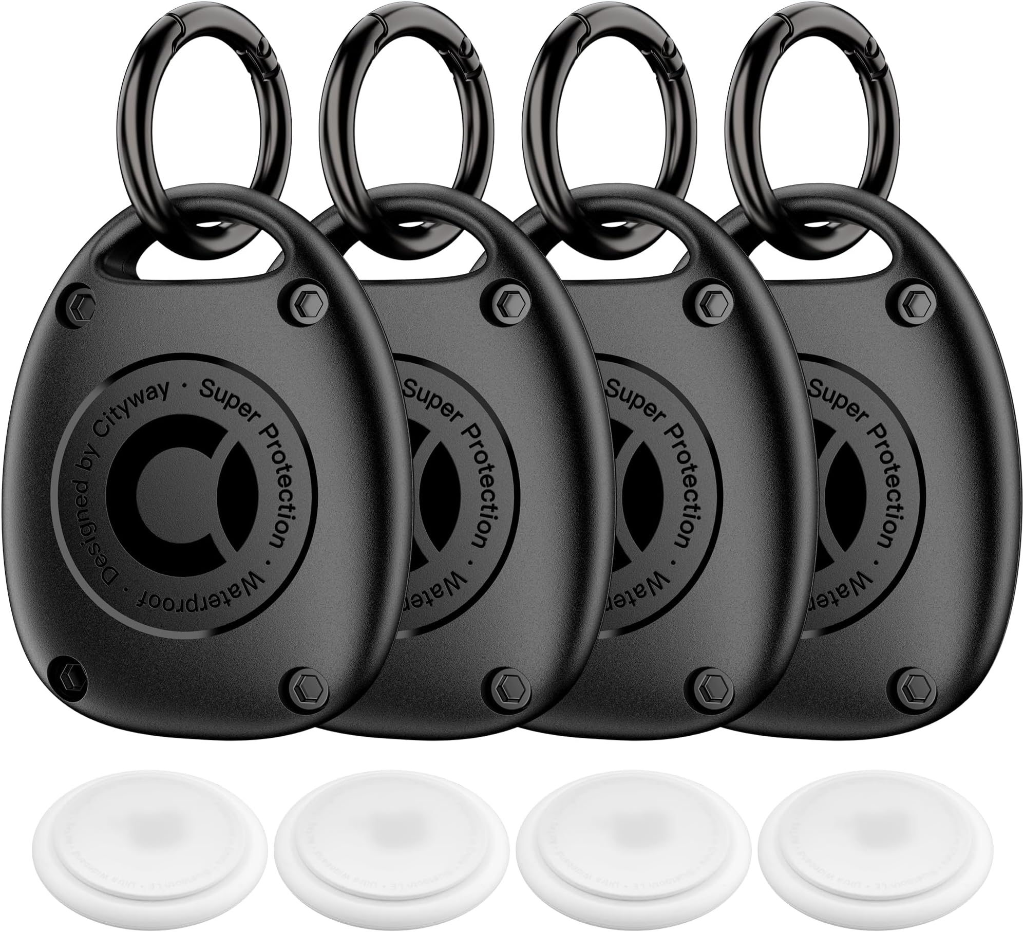 (4 Pack) for AirTag Keychain Holder Case | IPX8 Waterproof, Ultra-Compact | Portable for Air Tag Holder Cover for Backpack, Keys, Luggage - Black